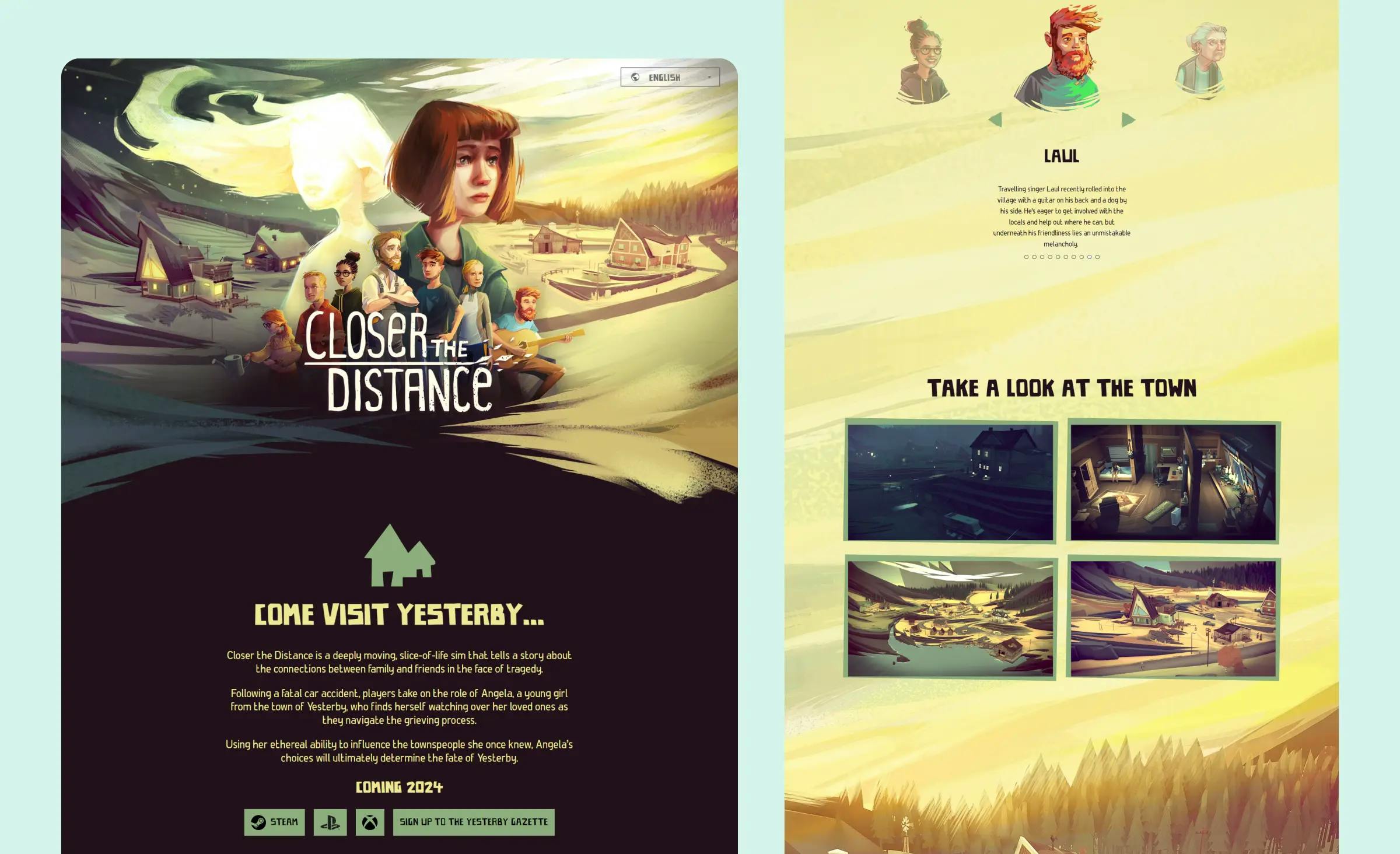 Two screenshots of the Closer the Distance game landing page. The first screenshot shows a colorful and animated landing page. The heading reads "Closer the Distance" and features a picture of a village with a main character and several side characters. Below the heading is a short description of the game and a button for signing up for the newsletter. The second screenshot introduces the user to the game’s characters and provides screenshots of the game’s locations.