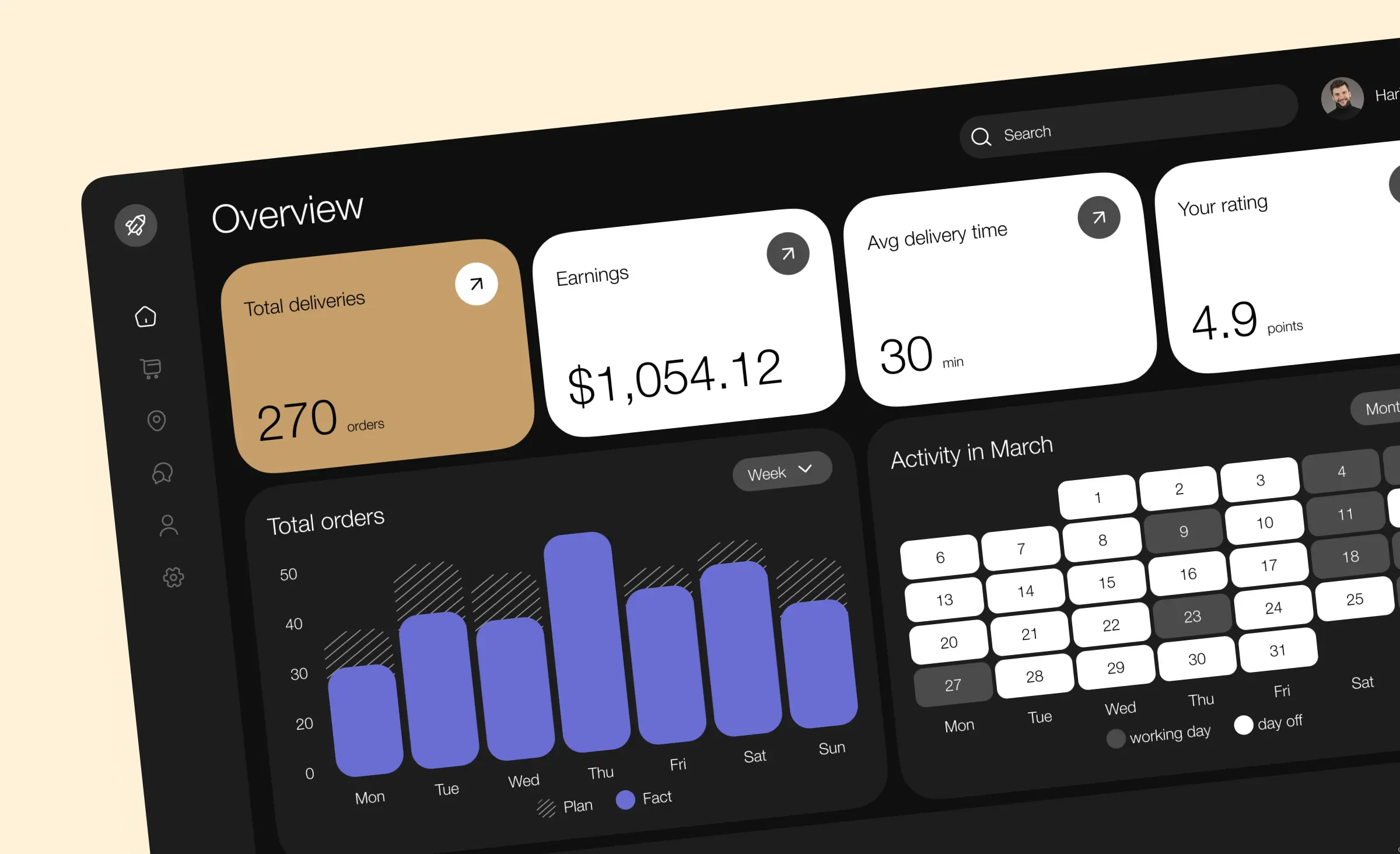 Modern enterprise data dashboard in dark mode showing deliveries, earnings, order statistics, and activity calendar, exemplifying enterprise UI/UX best practices for presenting complex information.