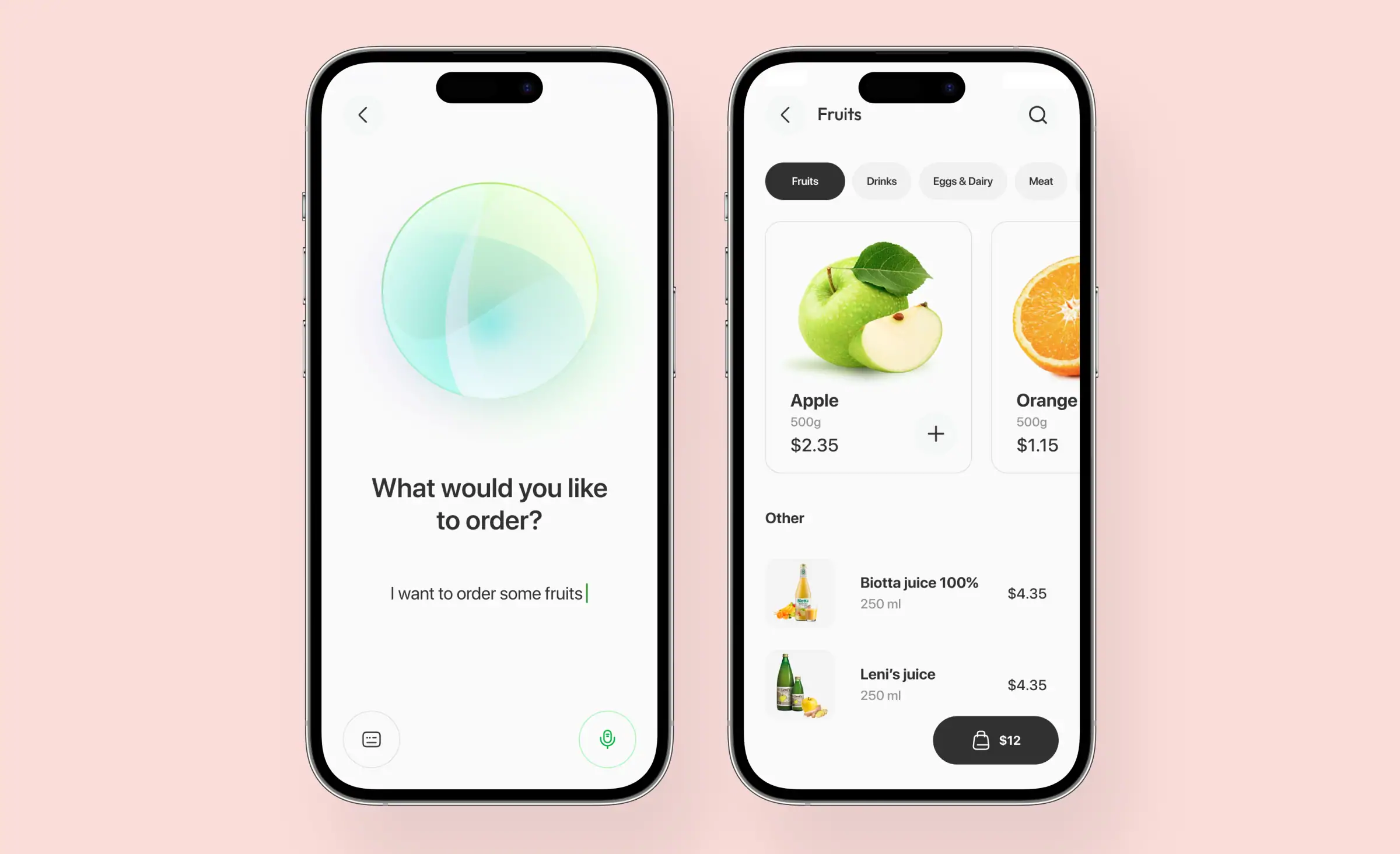 Screenshot of a grocery shopping app on two smartphones, with one screen using voice input to place an order and the other displaying personalized product selections for fruits and drinks, illustrating personalized customer experiences in digital shopping.