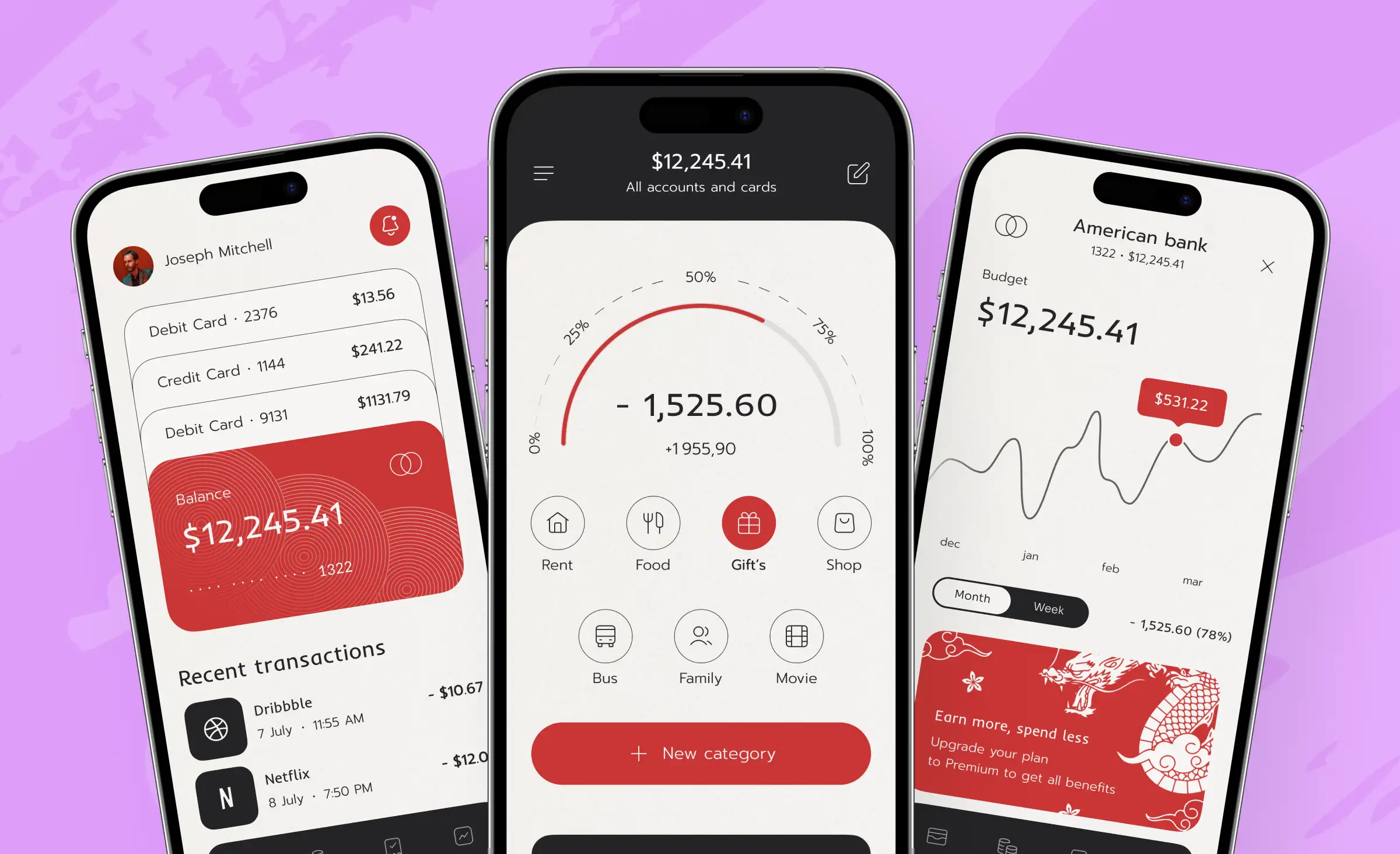 Screens of a budgeting app representing a viable FinTech startup idea