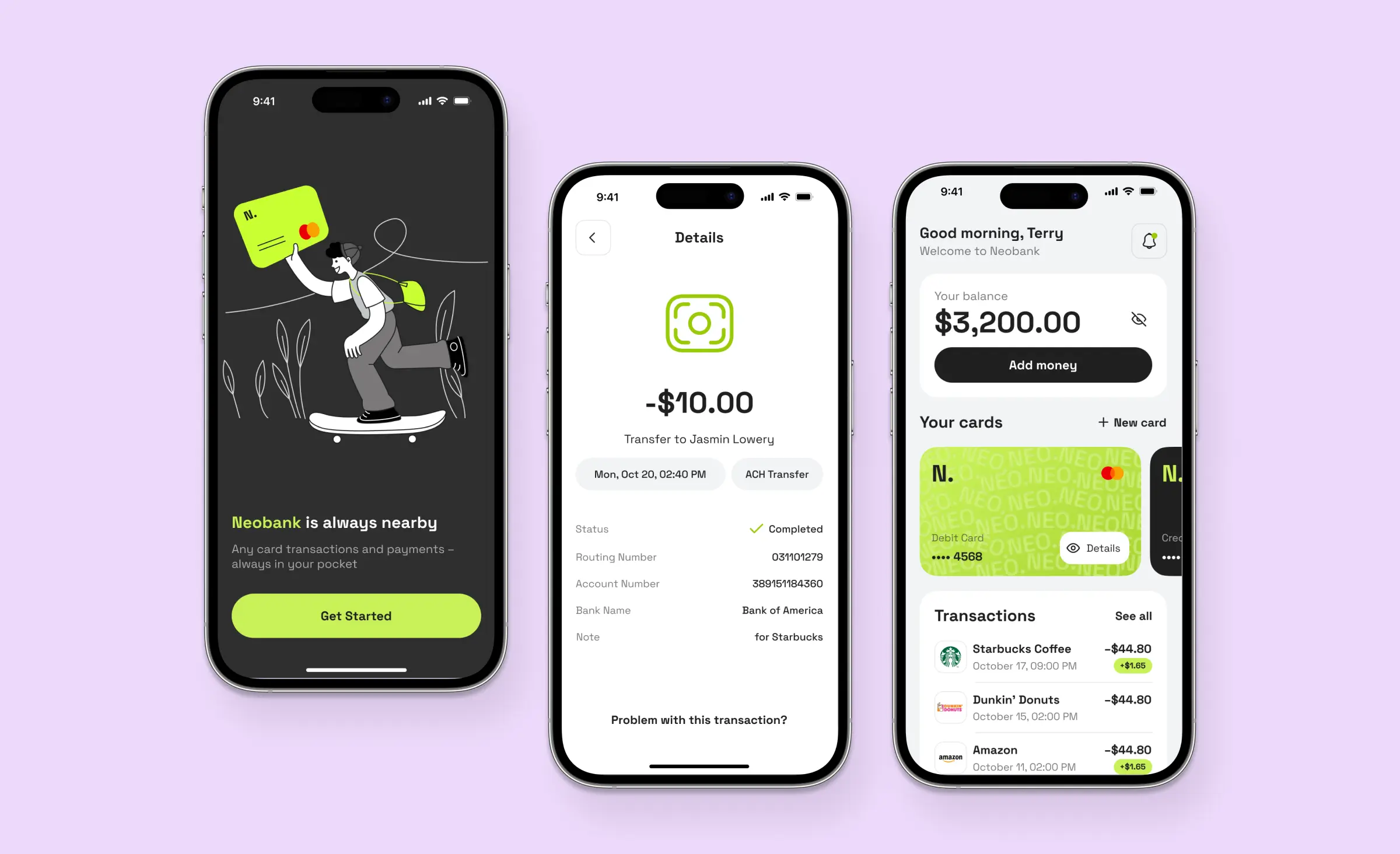 Mobile screens showing neobank app features for payments, balance tracking, and transaction details, designed with strong US fintech regulations compliance for secure digital banking and transparent ACH transfers.
