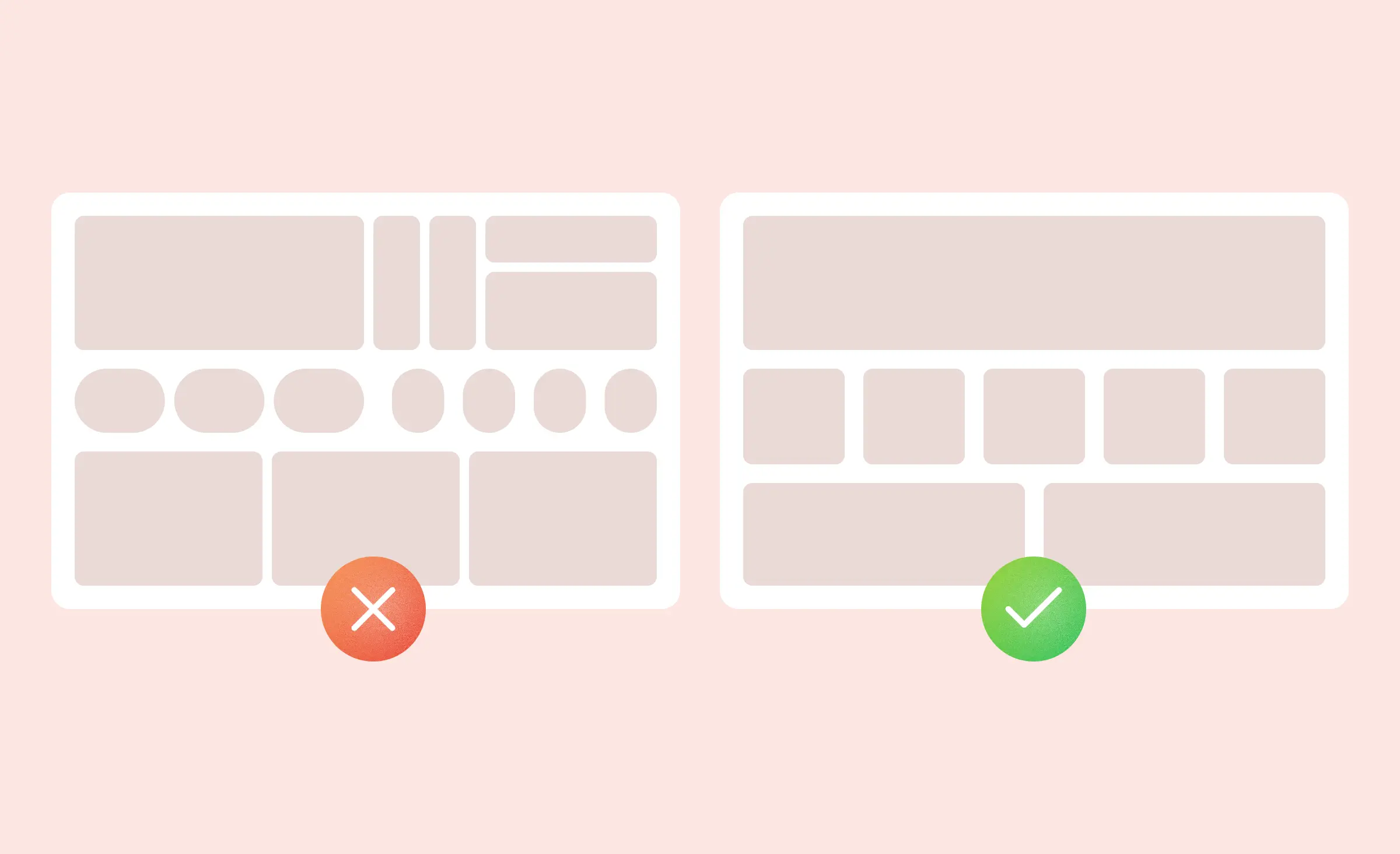 An illustration of the Prägnanz law implementation in financial services website design. On the left, there is an interface wireframe with elements of various shapes arranged chaotically. On the right, there is an interface where elements are more similar and grouped by shape and size.