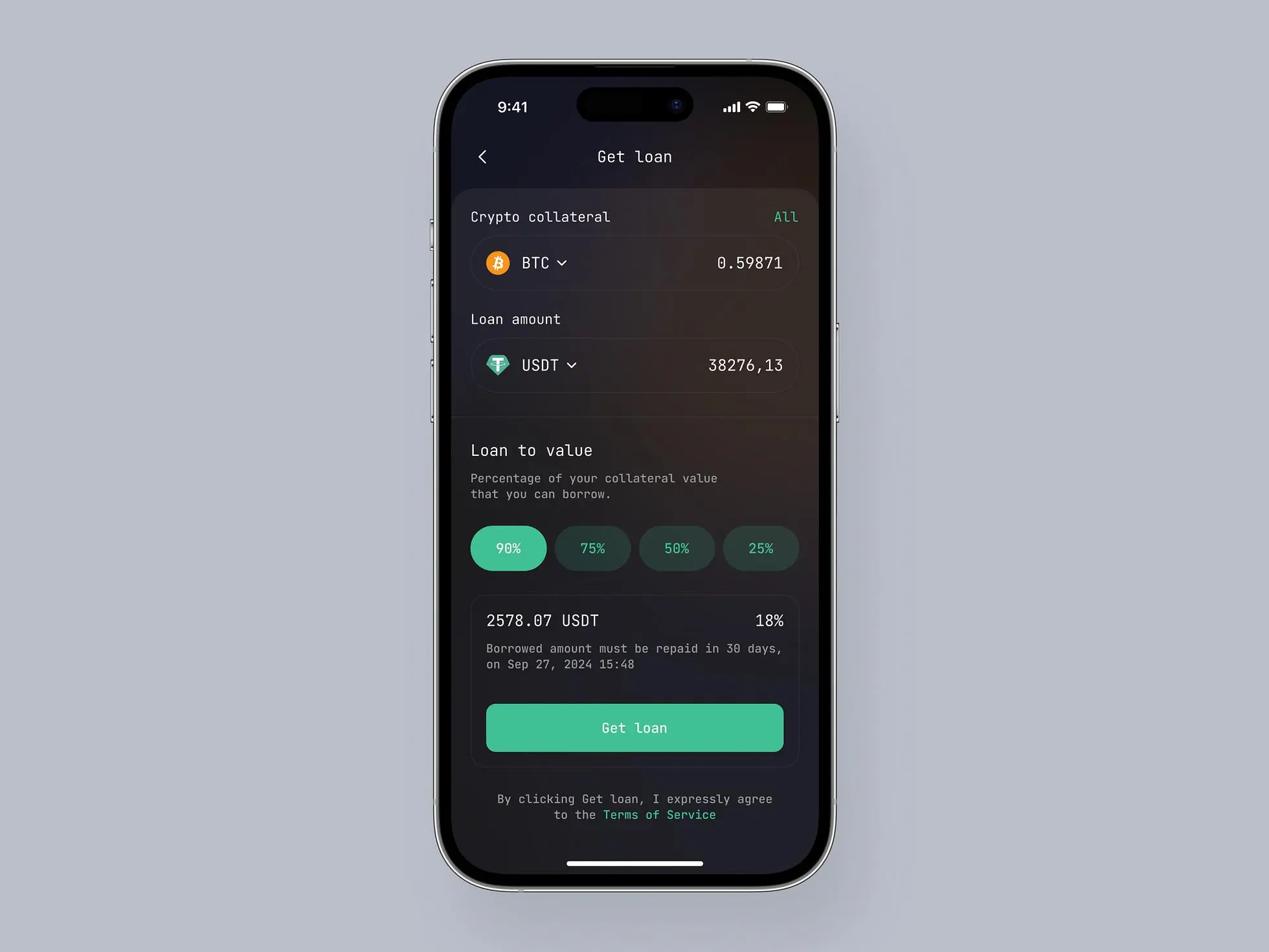 Crypto loan mobile app screen: On this screen, users can get a loan