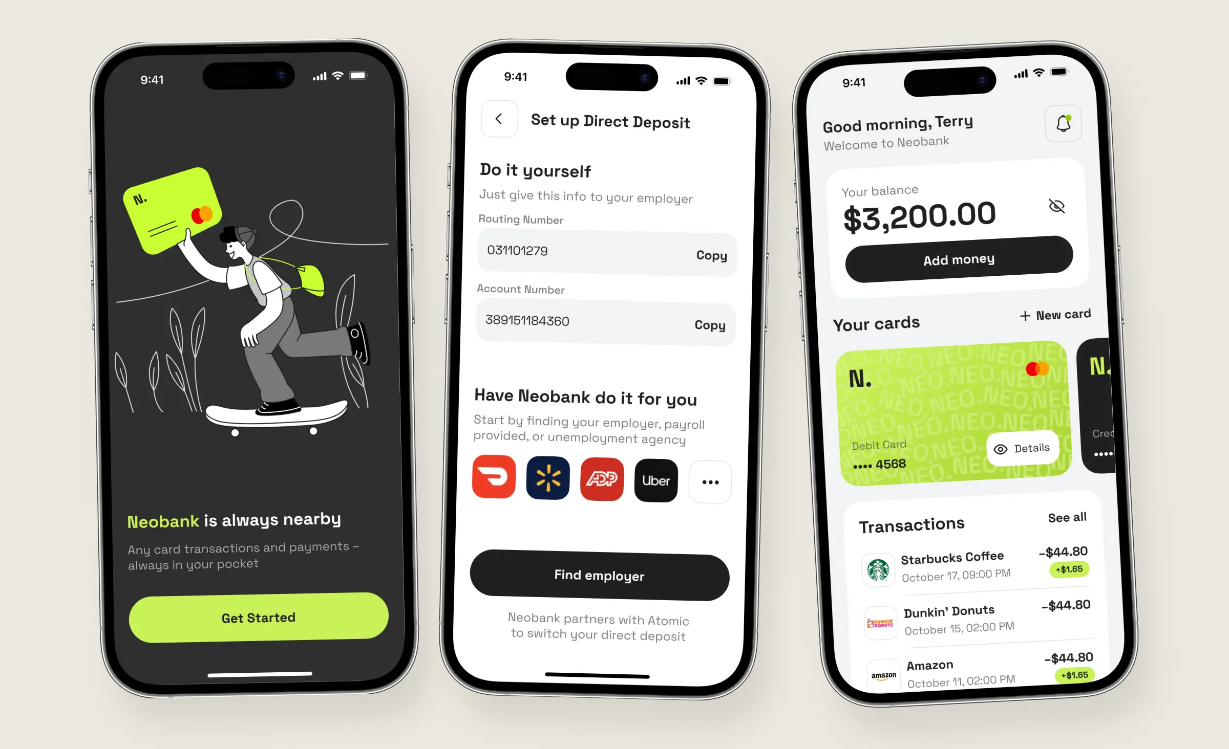 Three mobile screens showing the user interface of a neobank app developed by Ronas IT, featuring onboarding, direct deposit setup, and account dashboard with transaction history and card management.