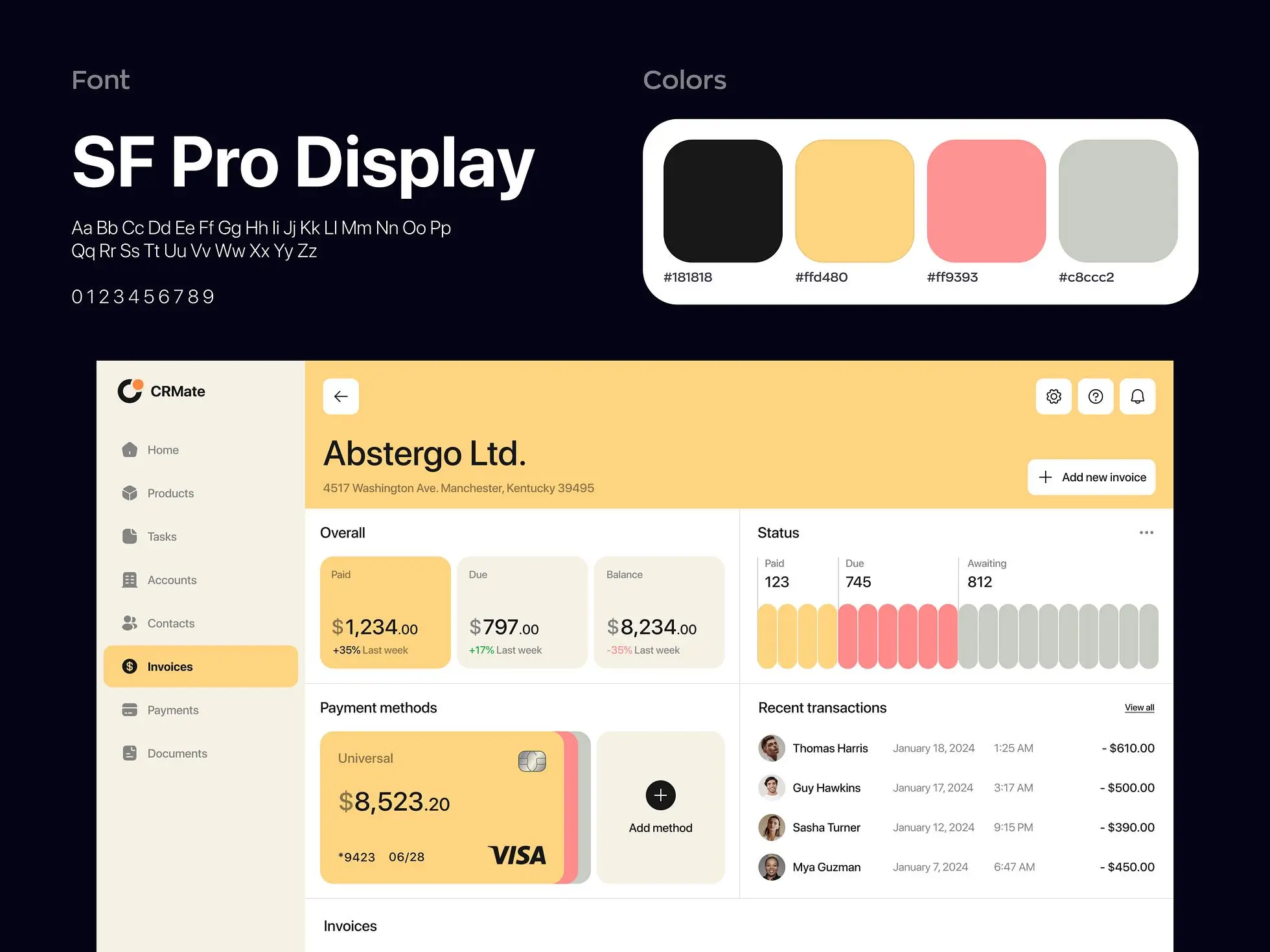 CRM dashboard branding: Colors and fonts we used