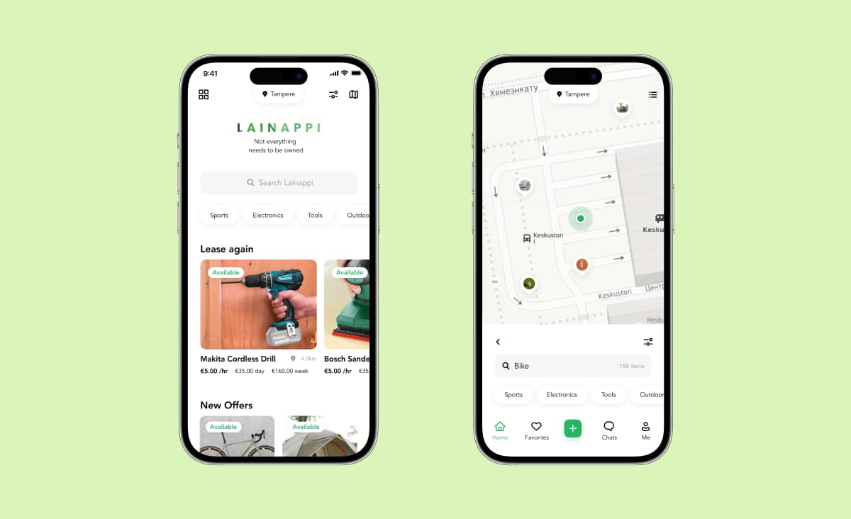 How MVP development can drive business growth: Lainappi screens. The list of items available for rent and a map