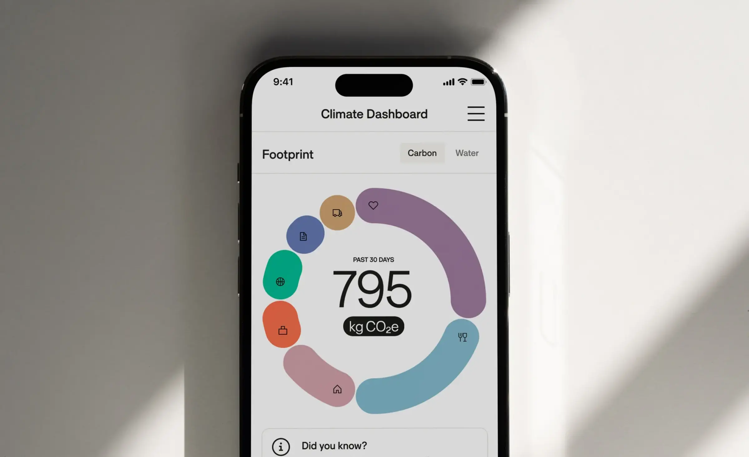 Green FinTech in Europe mobile app screen from Doconomy showing climate dashboard with carbon footprint tracking for sustainable banking users