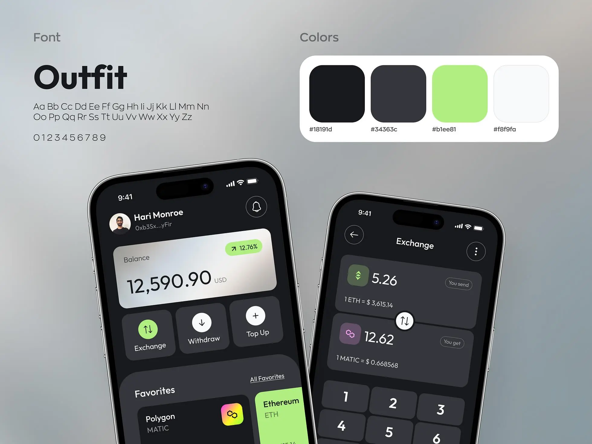 Crypto wallet app branding: Colors and fonts we used