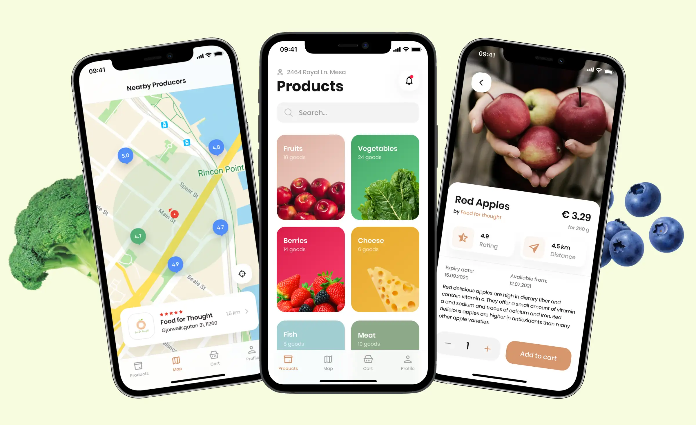 E-commerce development solutions: screens of a marketplace for local farmers