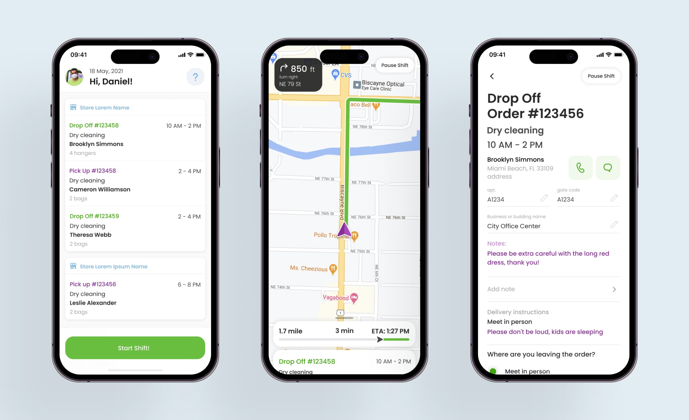 An image demonstarting three screens of the Hamperapp application (a list of orders, a map for tracking, order details) showcasing a result of mobile app development for modernising business operations of the company