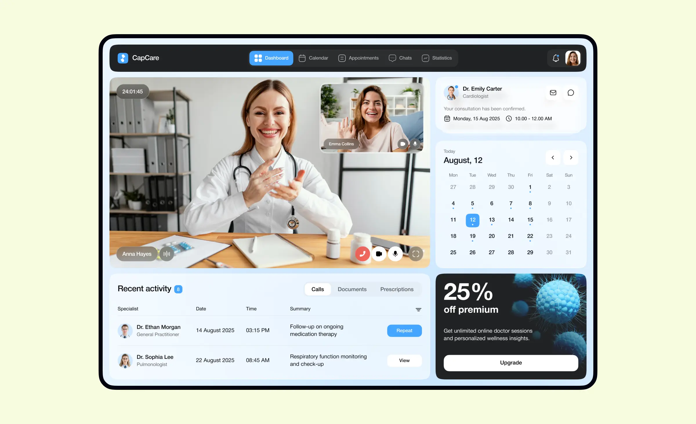 This image shows a telemedicine platform with video consultations, appointment scheduling, and activity tracking features. AI in healthcare patient diagnostics can further enhance such platforms by providing automated support for remote diagnosis, helping doctors deliver timely and accurate care to patients.