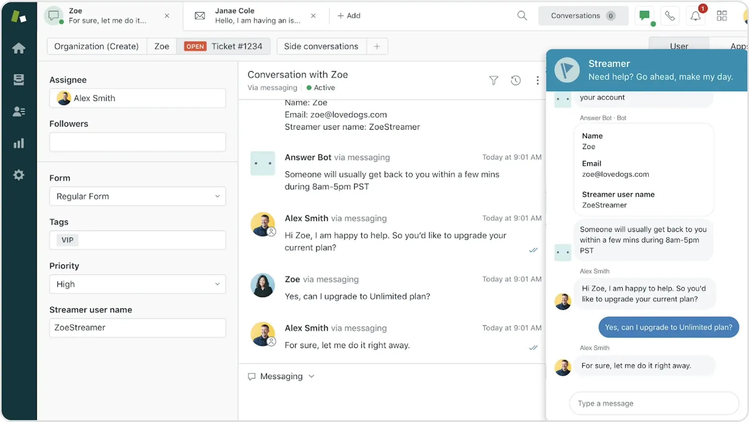 AI business integration in customer support, showing a Zendesk interface with automated chatbot assisting in live customer conversations