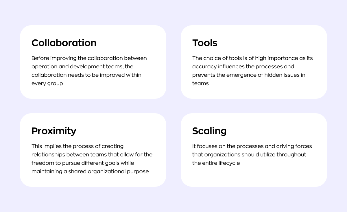 Principles of DevOps implementation. Collaboration: before improving the collaboration between operation and development teams, the collaboration needs to be improved within every group. Proximity: this implies the process of creating relationships between teams that allow for the freedom to pursue different goals while maintaining a shared organizational purpose. Tools: the choice of tools is of high importance as its accuracy influences the processes and prevents the emergence of hidden issues in teams. Scaling: it focuses on the processes and driving forces that organizations should utilize throughout the entire lifecycle.