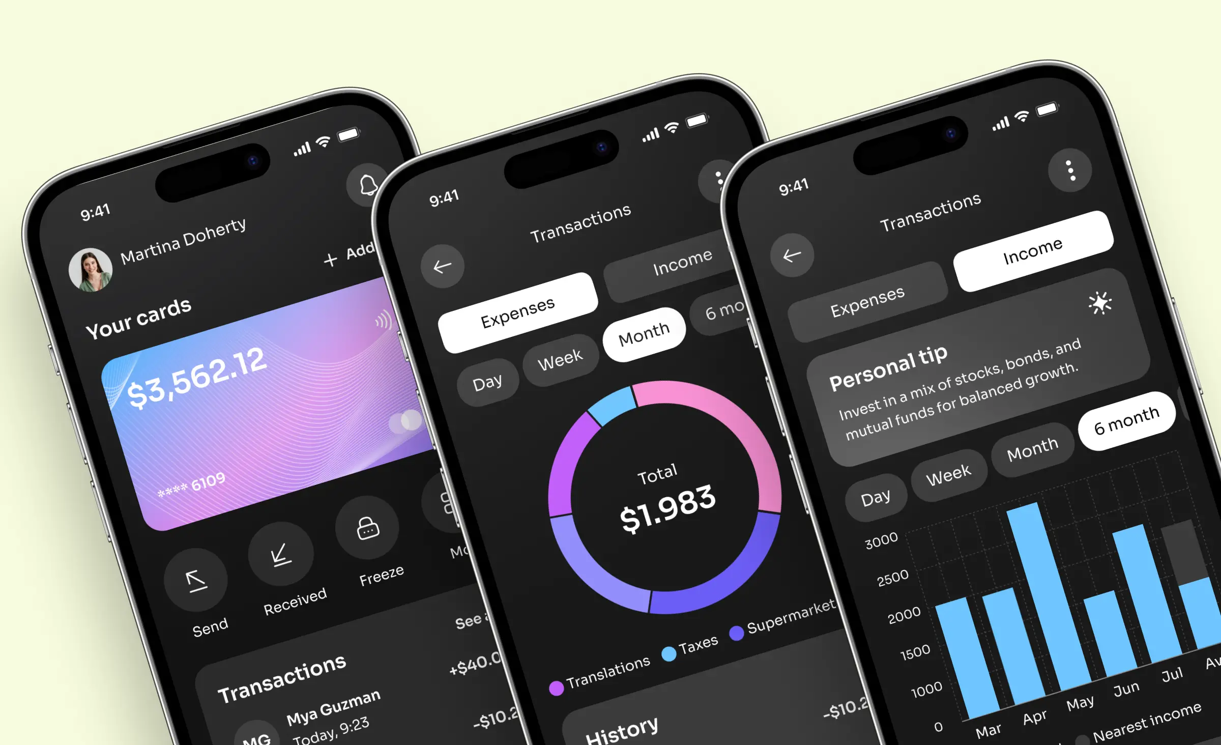 Green FinTech in Europe mobile banking app interface designed for the European market, featuring modern digital cards, transaction analytics, and expense tracking tools