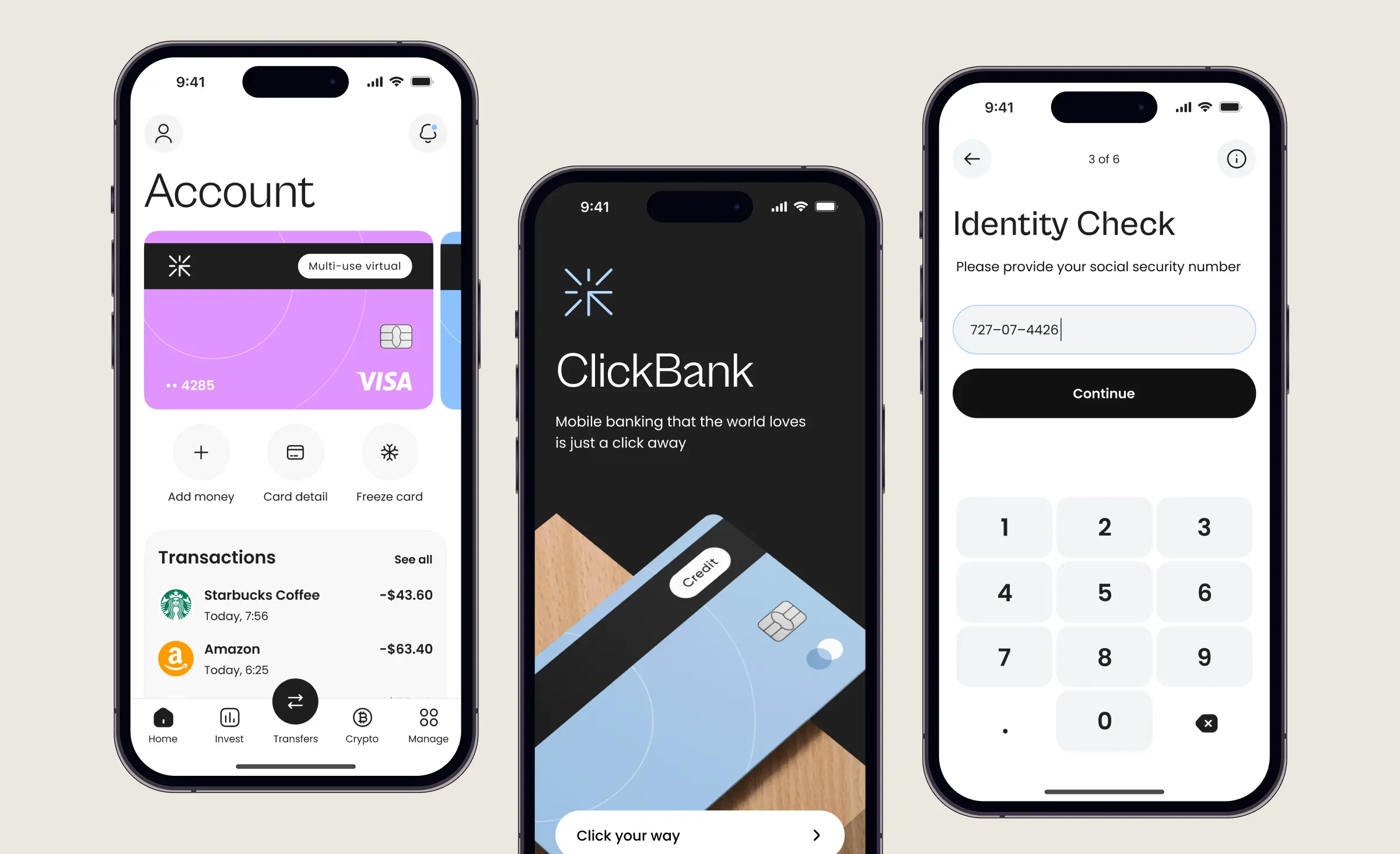 Three mobile screens showing the ClickBank app interface designed and analyzed by Ronas IT for a UAE client, featuring account overview, onboarding screen, and identity verification process.