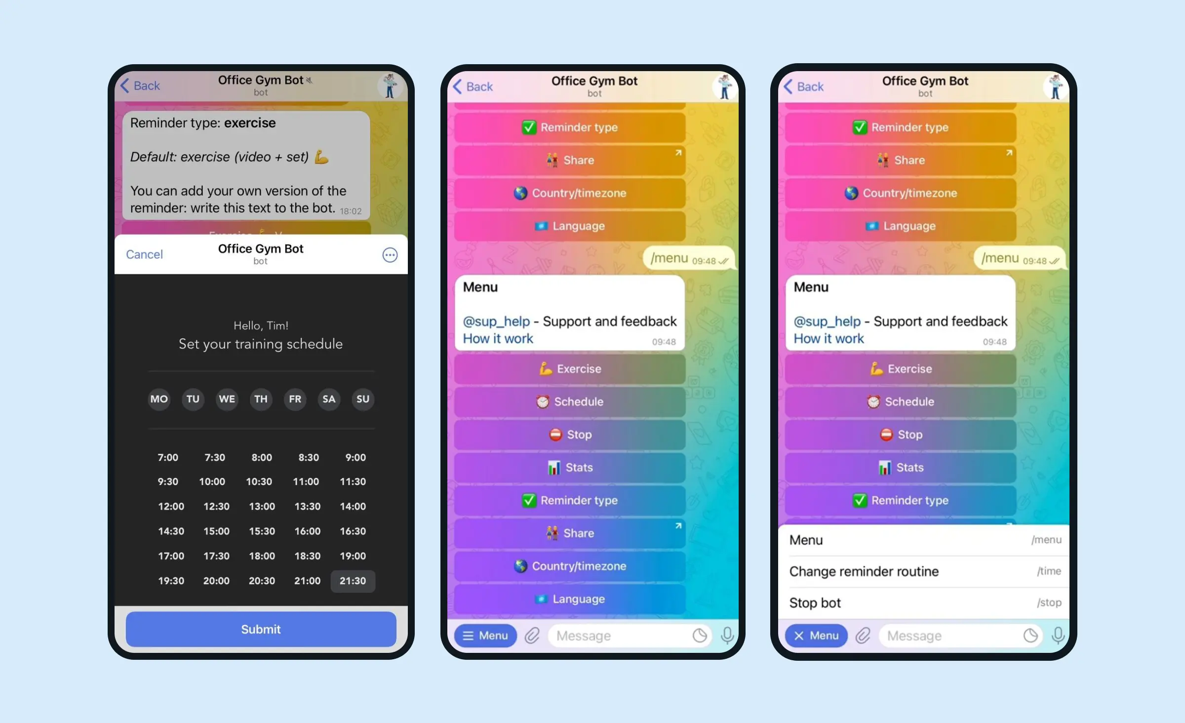 The Office Gym Bot Telegram mini app example features three interfaces. The first interface allows users to choose a time for stretch reminders in the timetable. The second interface displays the menu options: exercise, schedule, stop, stats, reminder type, share, country/timezone, and language. The third interface shows the button menu, offering options to open the full menu, change the reminder routine, or stop the bot.