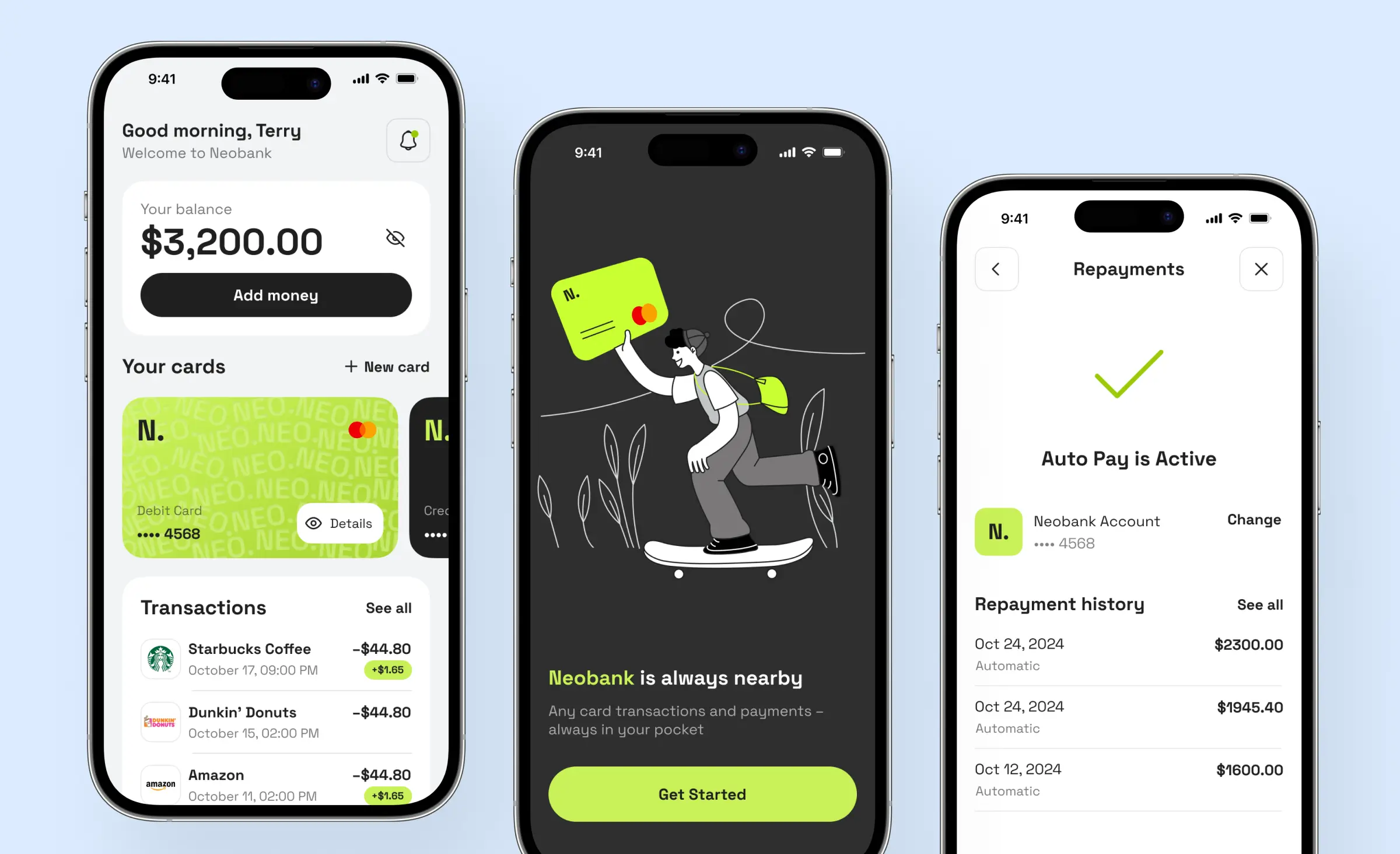 Screenshot of a modern digital banking app interface powered by open banking APIs Europe, displaying account balance, card management, transaction history, and repayment settings for secure, user-friendly credit building and essential banking features.