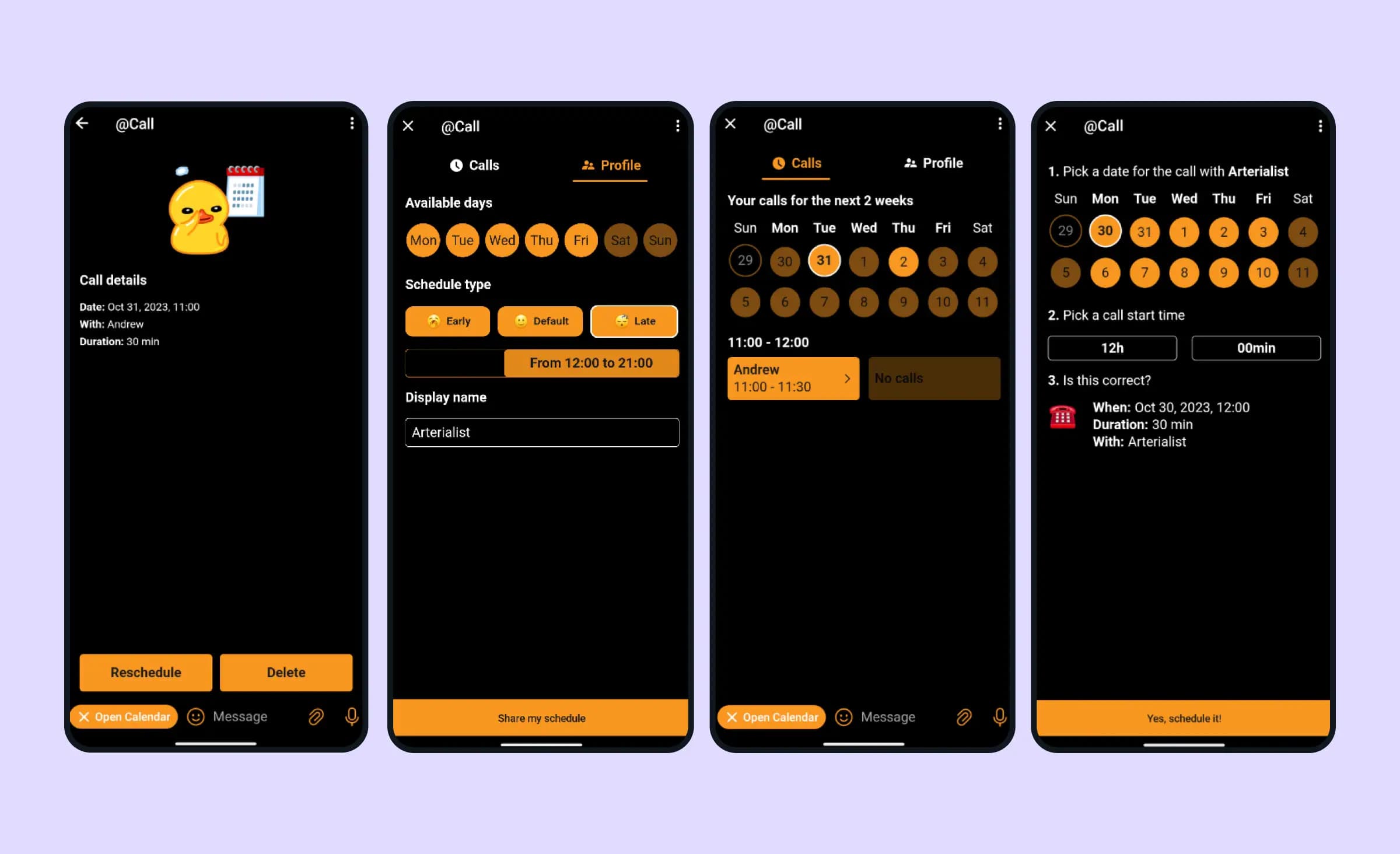 Screens of call scheduling telegram mini app