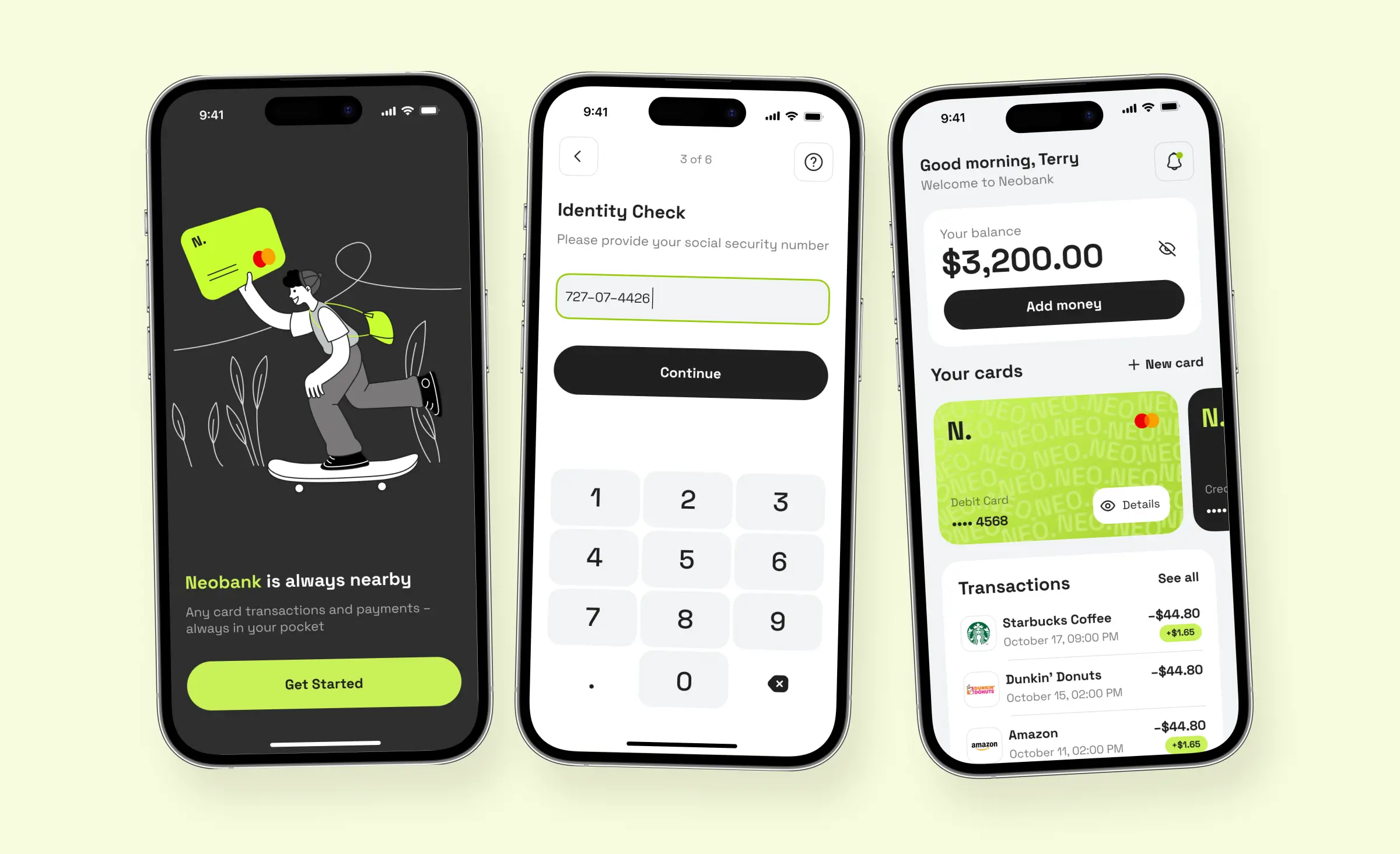 User interface screens of a neobank mobile app with digital card management and transaction history, illustrating Embedded Finance in the USA
