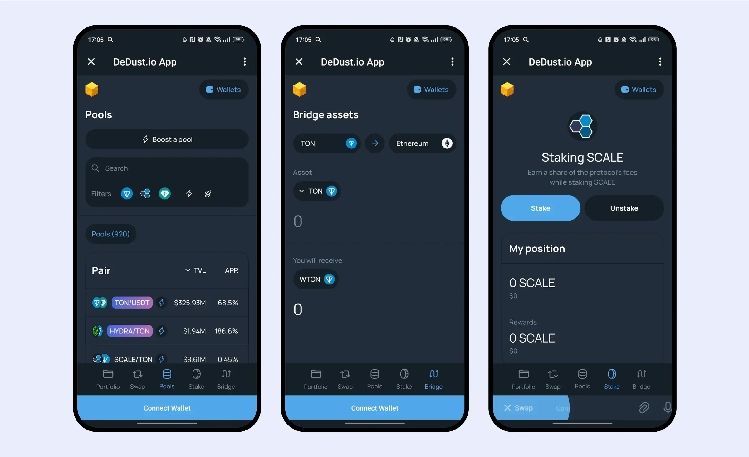 Screens of decentralized finance telegram mini app