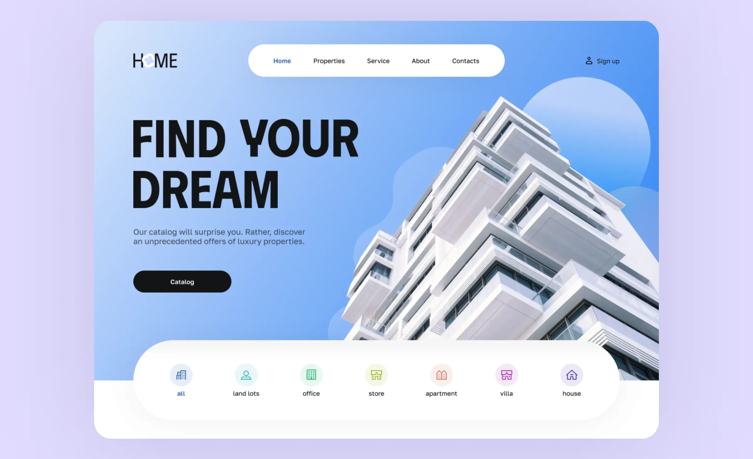 The header of the real estate website design created by Ronas IT showcases an image of a property, accompanied by the slogan "Find Your Dream." It includes a button that leads to the catalog and a navigation menu with property types, allowing users to immediately switch to a specific property search.