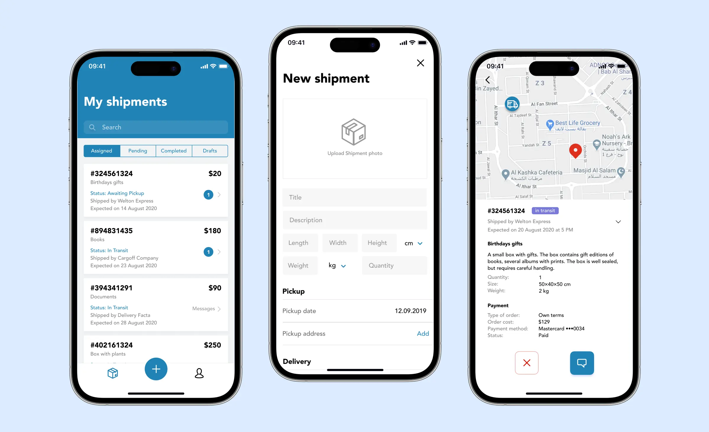 Three smartphone screens displaying a shipment management mobile app used in RPA in logistics and transportation, featuring shipment lists, a new shipment creation form, and a detailed shipment tracking page with delivery details and map location.