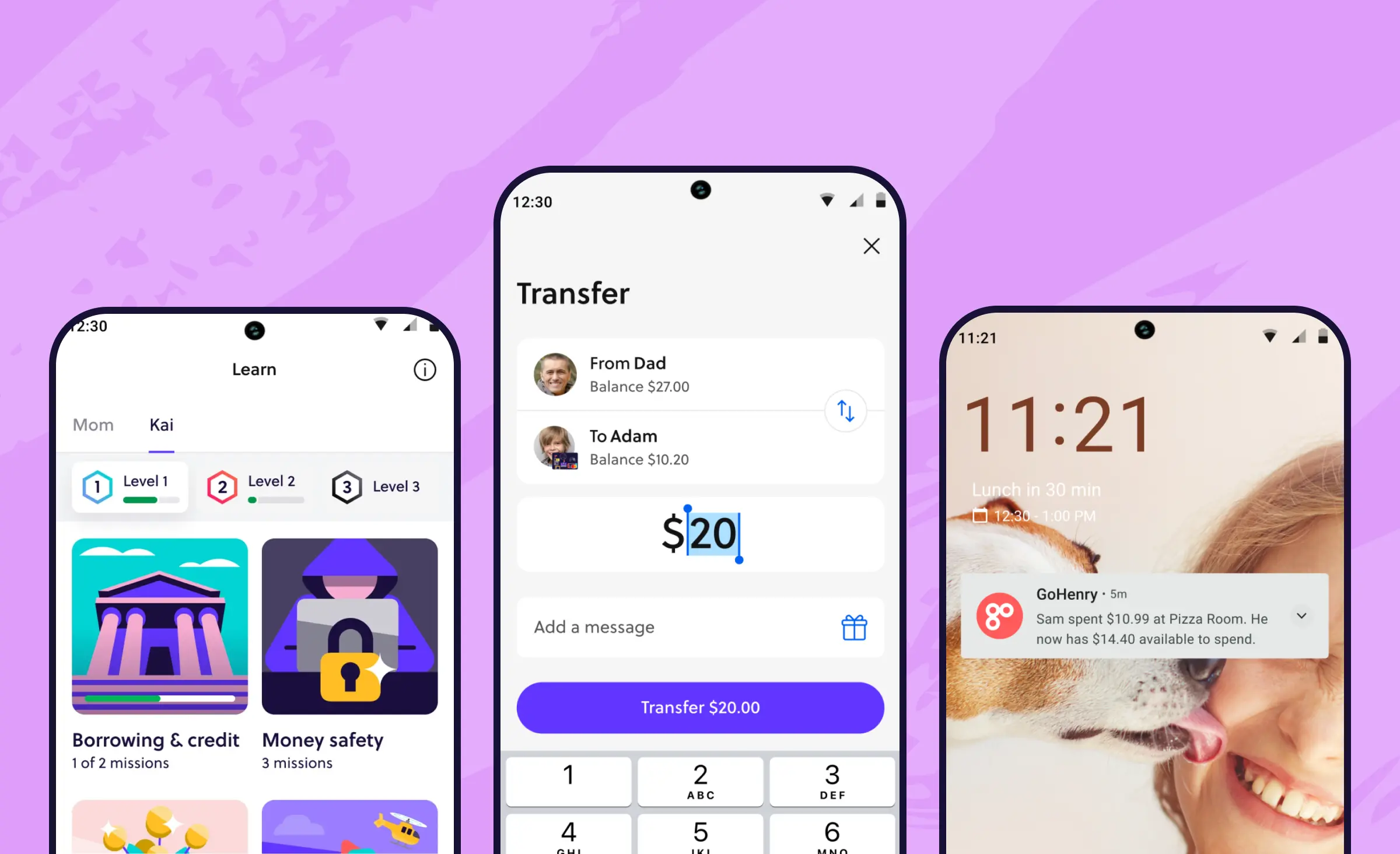 Screens of a GoHenry finance app representing a viable FinTech startup idea