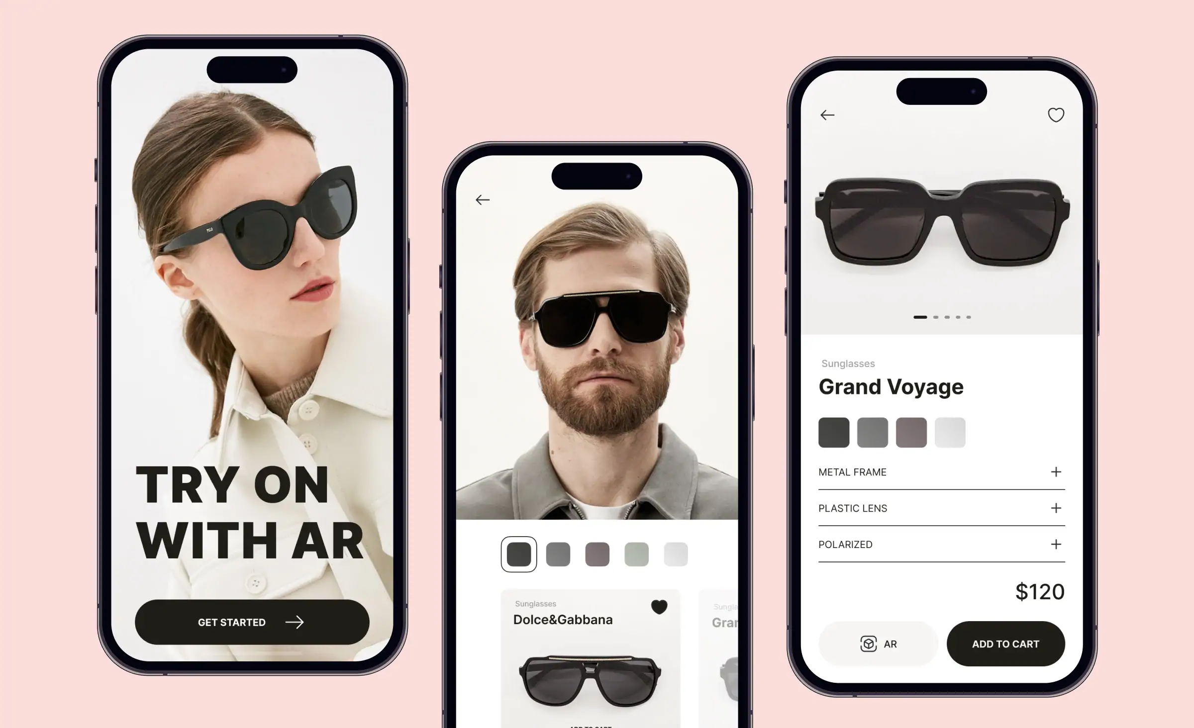 Three smartphone screens displaying an app with augmented reality features for trying on sunglasses, showing how customers can select styles, customize features, and virtually try products, offering highly personalized customer experiences.