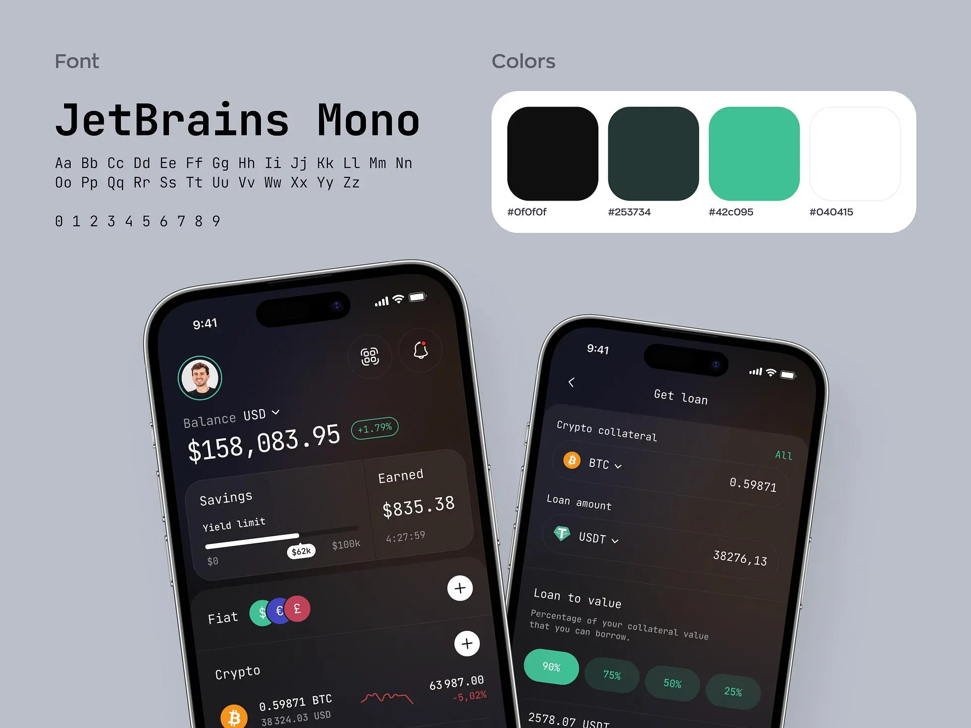 Crypto loan mobile app branding: Colors and fonts we used