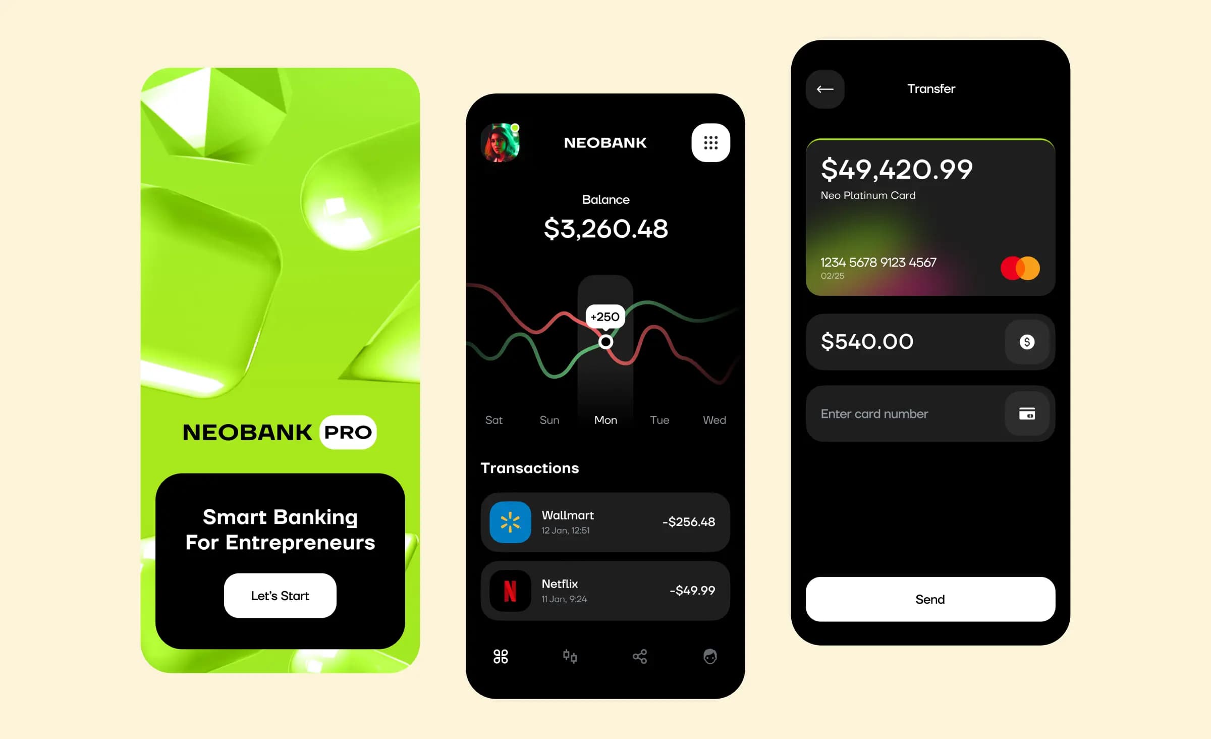 The image features a neobank application where we applied microservices architecture as the primary approach for enterprise application integration software. We see three screens in black and neon green colors. The first is a welcome screen with the message "smart banking for entrepreneurs" and a "let’s start" button. The second screen displays the balance and transactions, along with monthly balance statistics. The third screen shows card and account details.