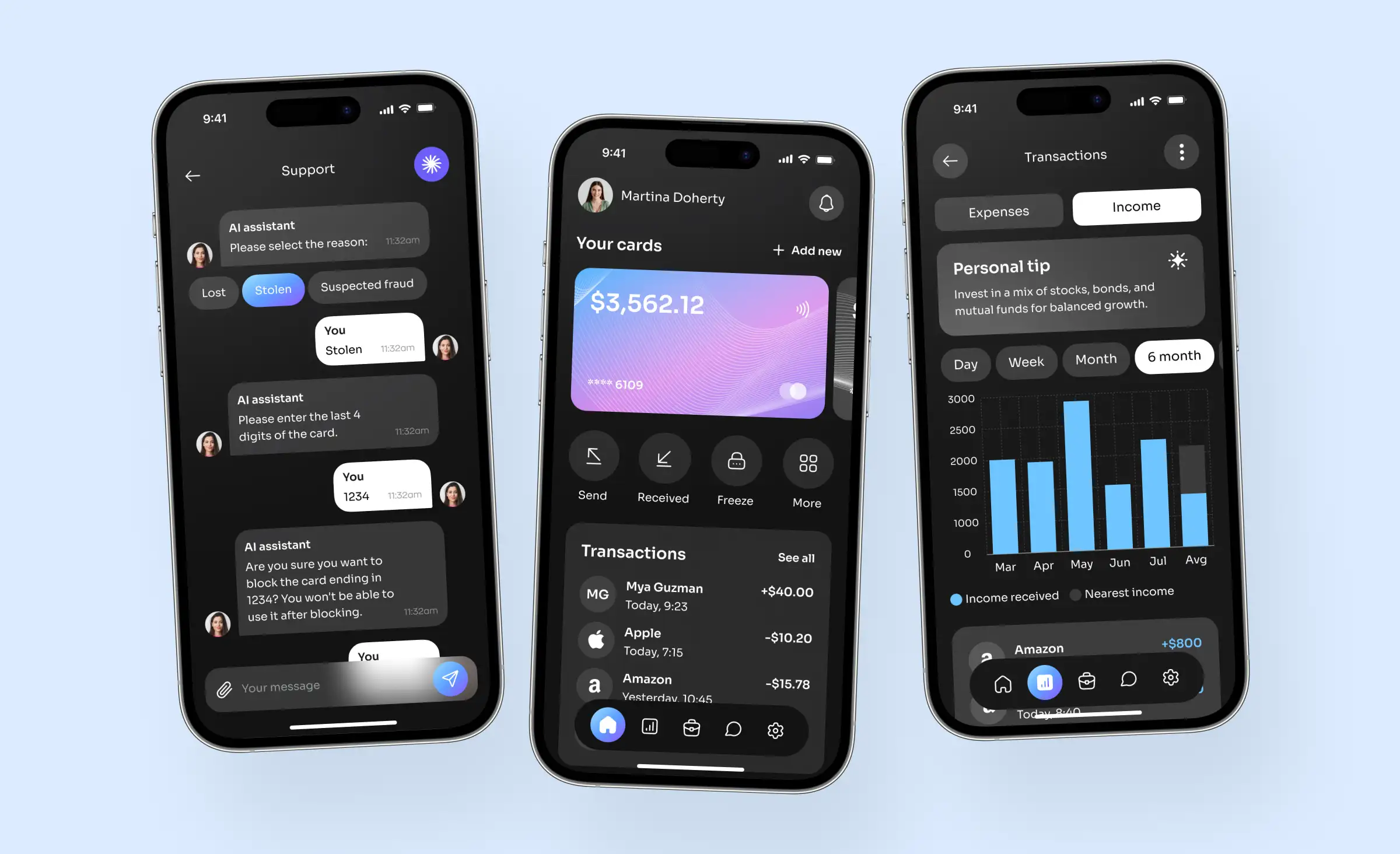 Neobank app interface tailored for freelancers and gig workers, featuring income and expense dashboards, instant transaction management, and AI chat support, illustrating how open banking APIs Europe enable compliance and flexible financial services.