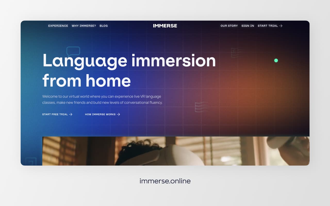 Website header of Immerse educational technology startup