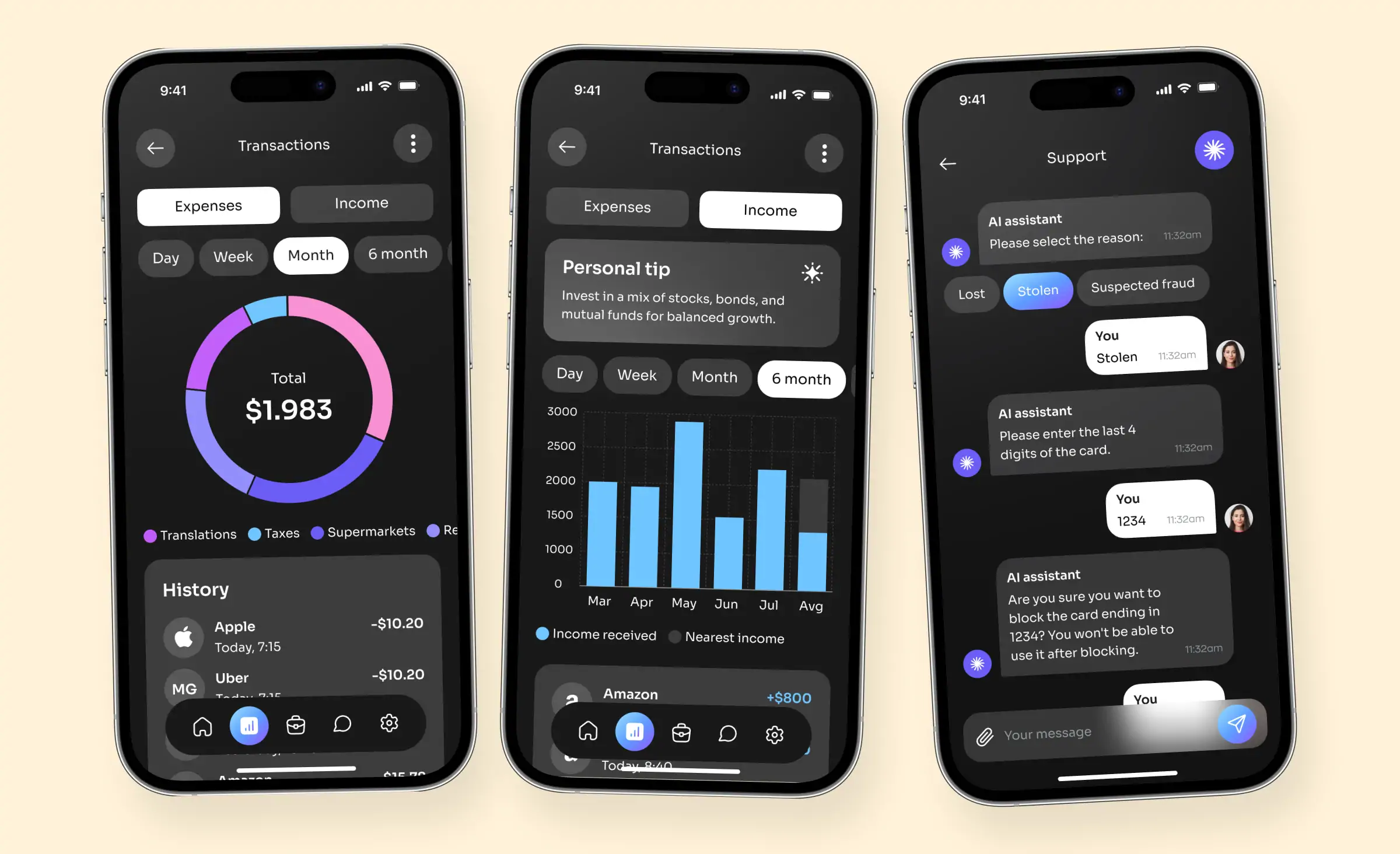 Three smartphone screens displaying a modern mobile banking app interface. The first screen shows a digital card with account balance, recent transactions, and quick action buttons. The second screen presents user profile and customizable settings. The third screen displays the profile verification section, listing verification steps such as photo ID, selfie, address, and a verified status.