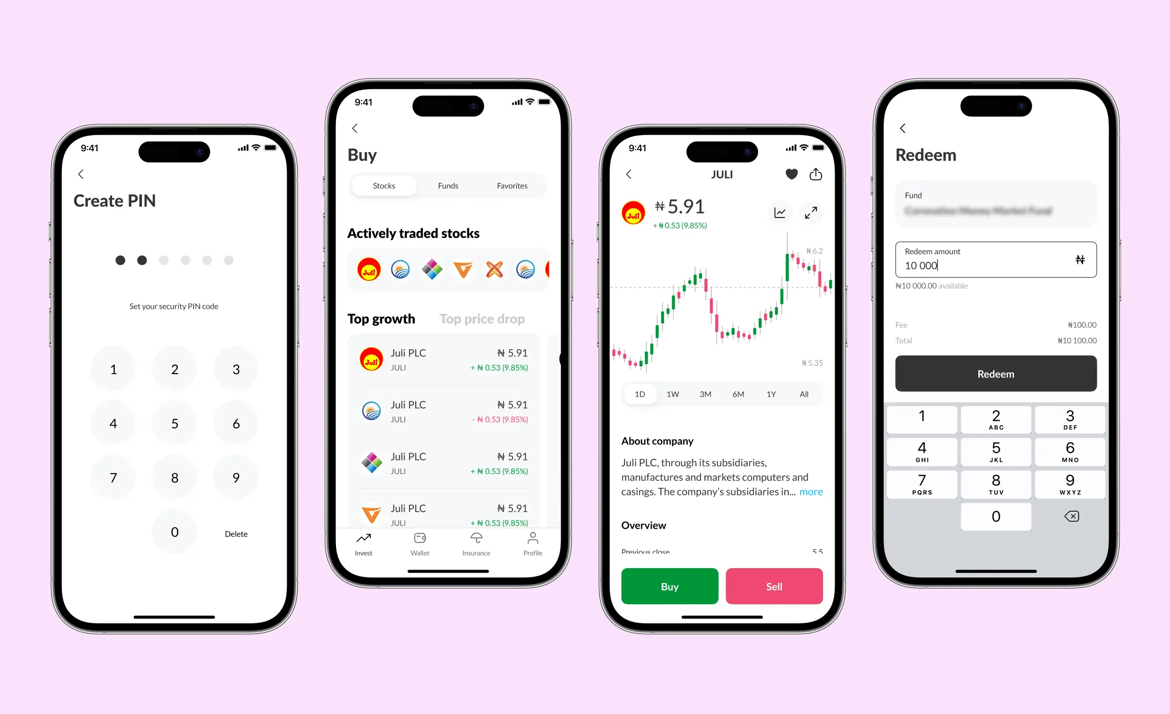 Four mobile screens showing different stages of a fintech app, including PIN setup, stock trading, stock details, and fund redemption, illustrating how clear user interfaces contribute to reducing IT project chaos in app development.