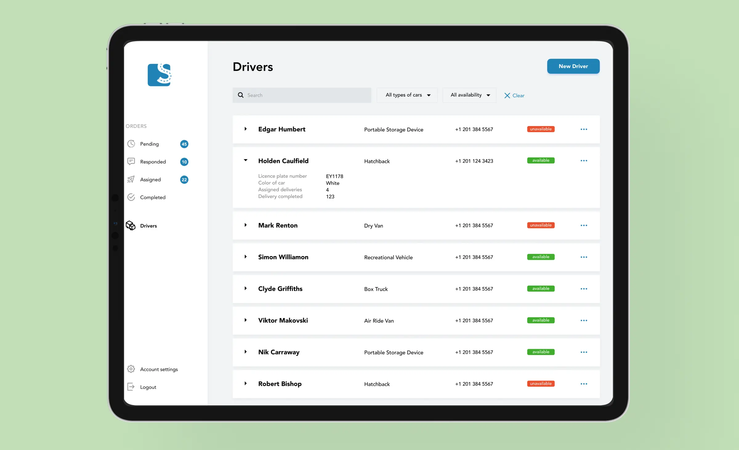 The image displays a web version of the manager's admin panel open on the 'Drivers' page, where a manager can view drivers' names and surnames, check their availability, phone numbers, and the type of vehicle.