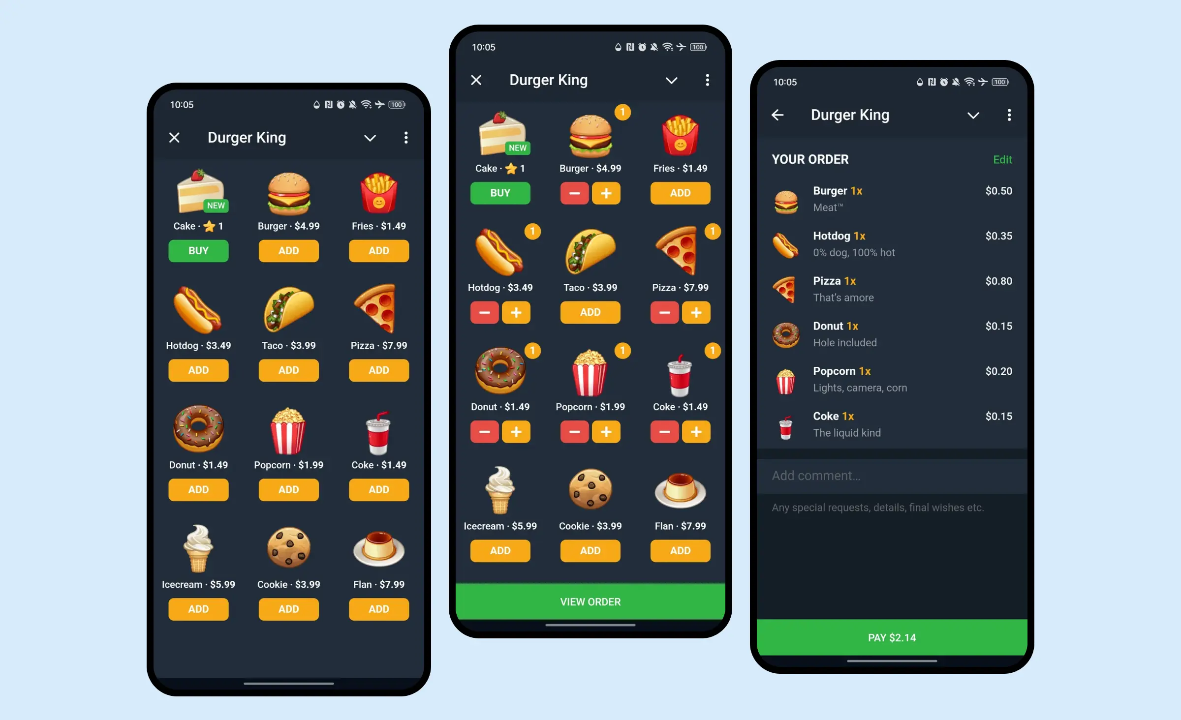 A Telegram mini app example built by the Telegram team. It showcases three interfaces: the fictional menu of ‘Durger King’ with items, prices, and buttons in ‘buy’ or ‘add’ states; a state with a selected item and the option to press the ‘view order’ button; and the third screen displays order details with the total price and a ‘pay’ button.