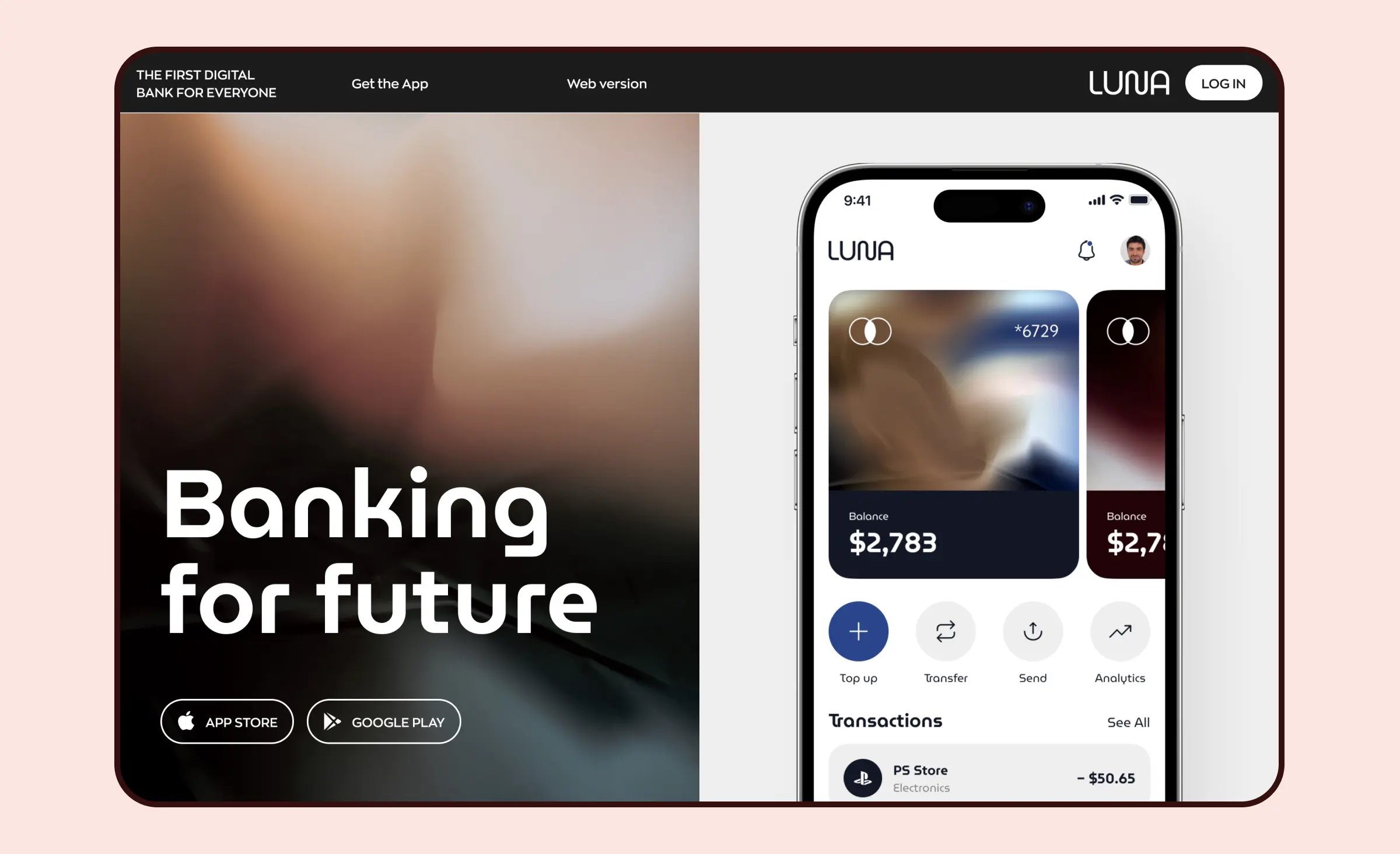 Landing page design by Ronas IT. The interface promotes a banking mobile application. On the left side, there is a slogan "Banking for the Future" along with two buttons: "App Store" and "Google Play." On the right side, there is an image of the banking mobile application.