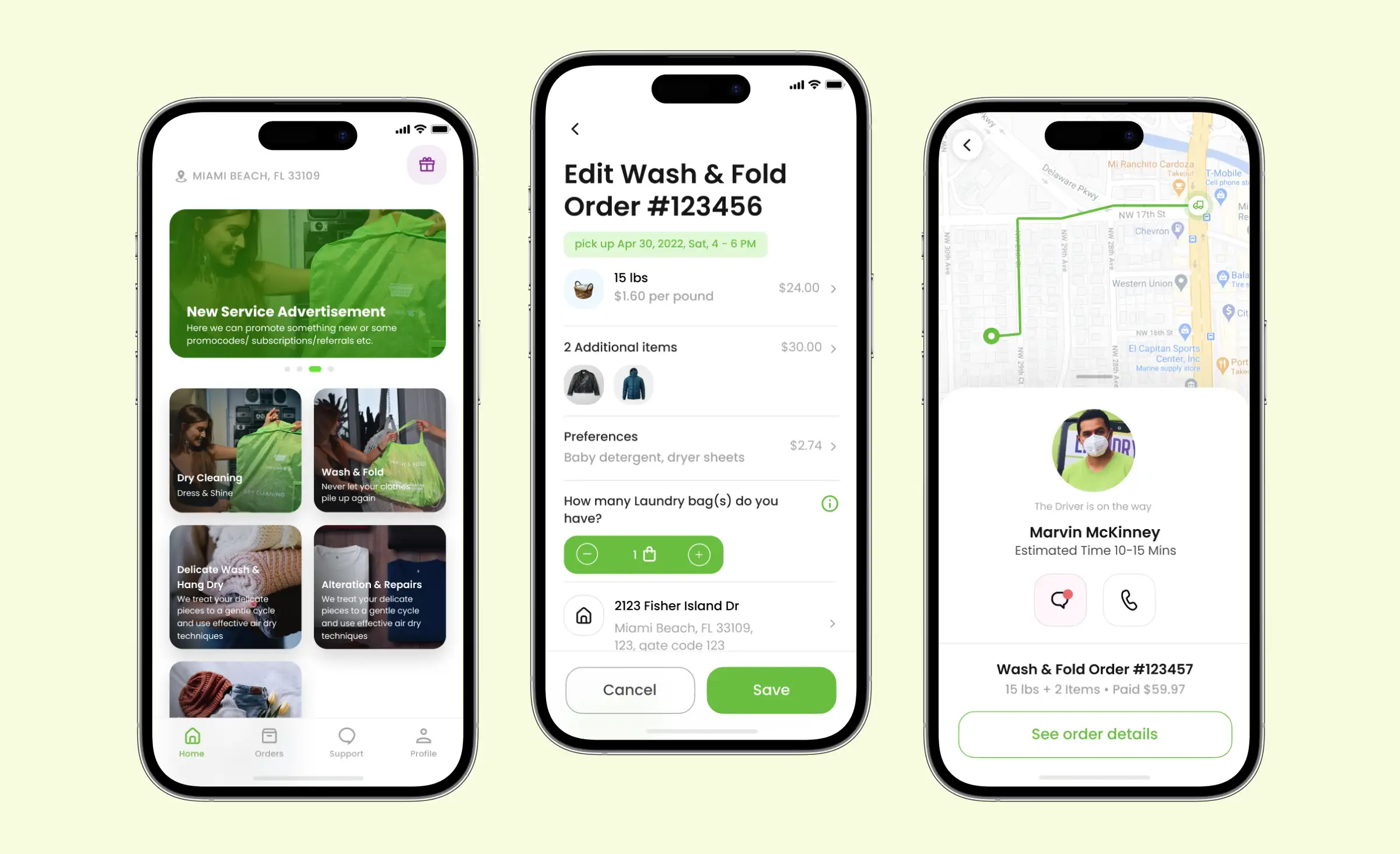 Three smartphone screens showing a laundry delivery app with RPA in logistics and transportation, featuring available services, order editing with preferences, and real-time driver tracking with estimated delivery time.