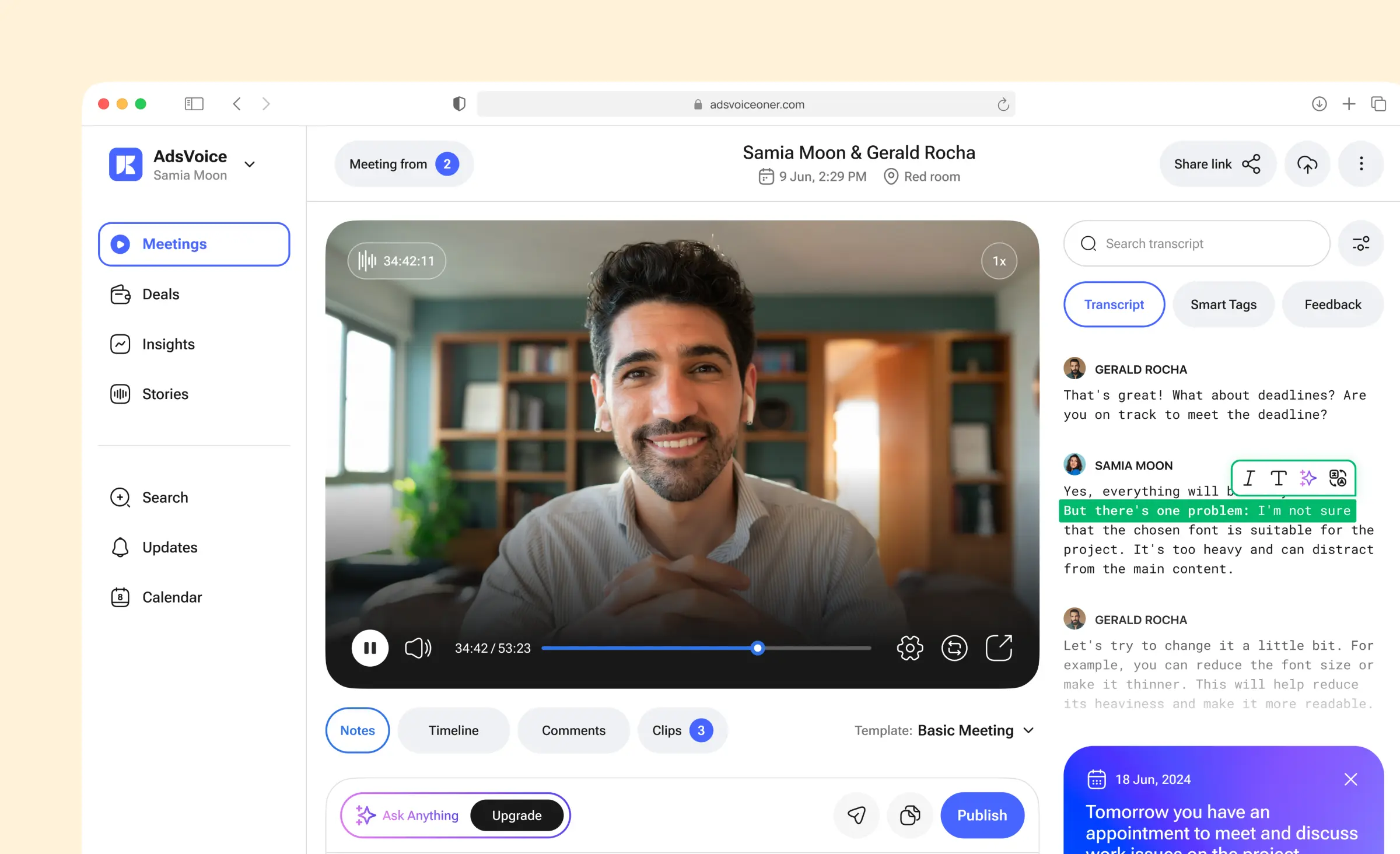 Video call meeting interface showing participant, transcript, and collaboration tools, illustrating enterprise UI/UX best practices for managing complex communication workflows.