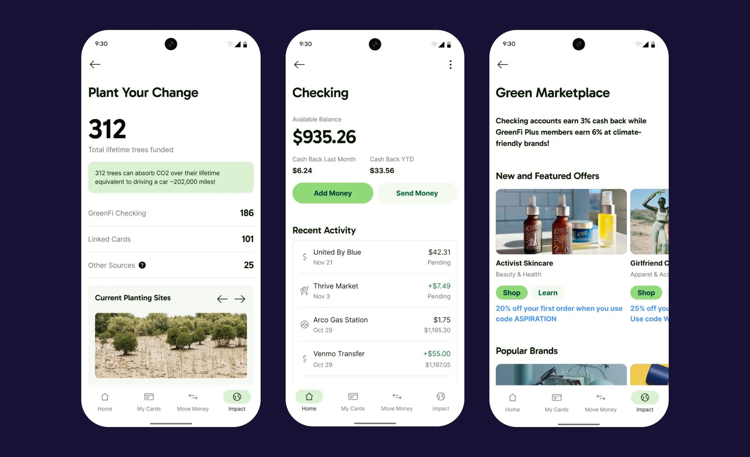 Screens of a GreenFi sustainable finance app representing a viable FinTech startup idea