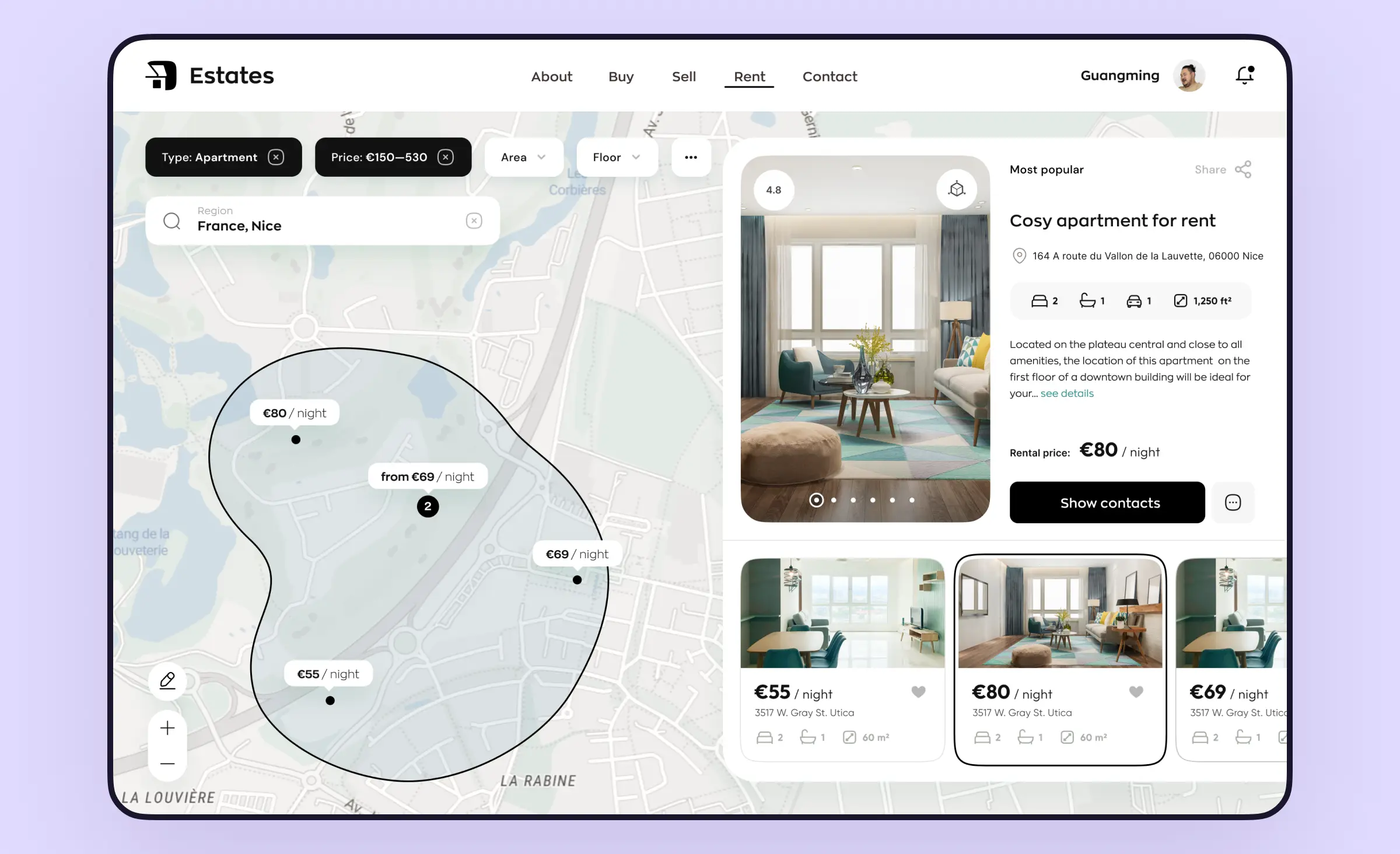 The real estate website design by the Ronas IT team includes a map with a list of properties. It features an innovative tool that allows users to draw their own search area on the map, displaying properties only within the designated area.