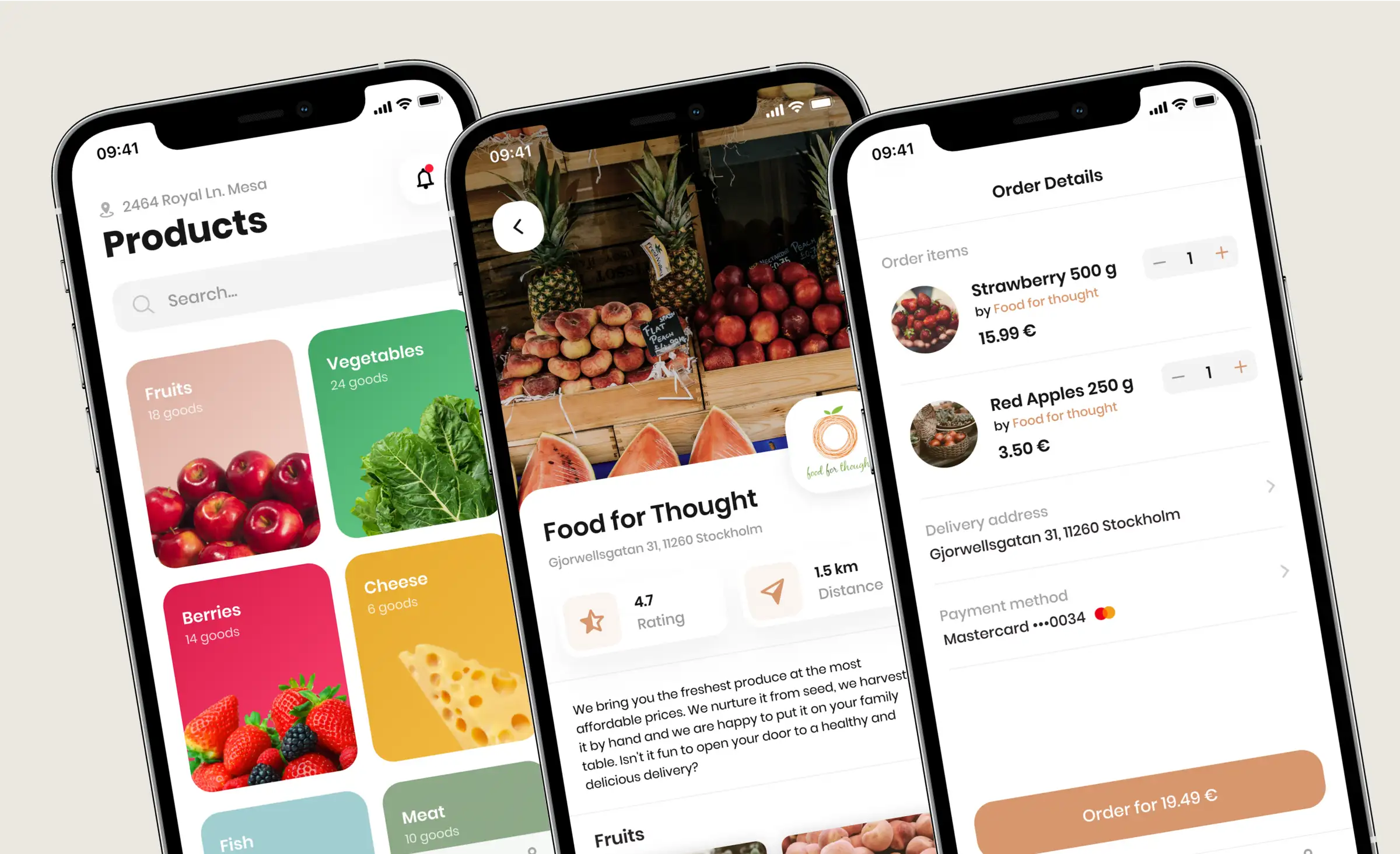 Mobile screens showing the MVP for the Noah farmer marketplace app, featuring product categories, vendor details, and order summary, developed by our dedicated software development team to streamline local food shopping for users.