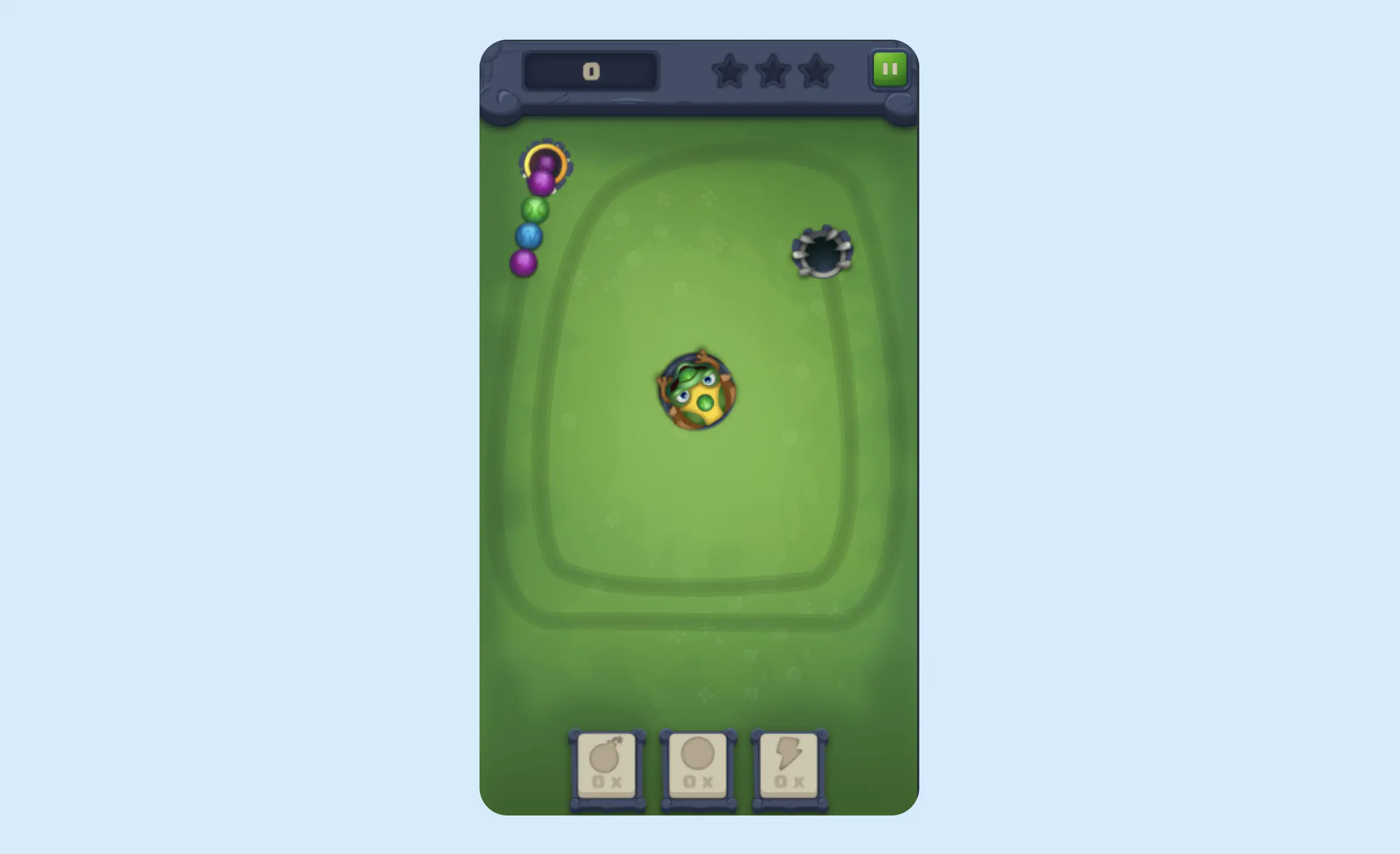 The Zumba Mania Telegram mini app example. We see the Zumba Mania game opened in Telegram: a frog holding a green ball is in the middle, with a row of balls in different colors in front of it.