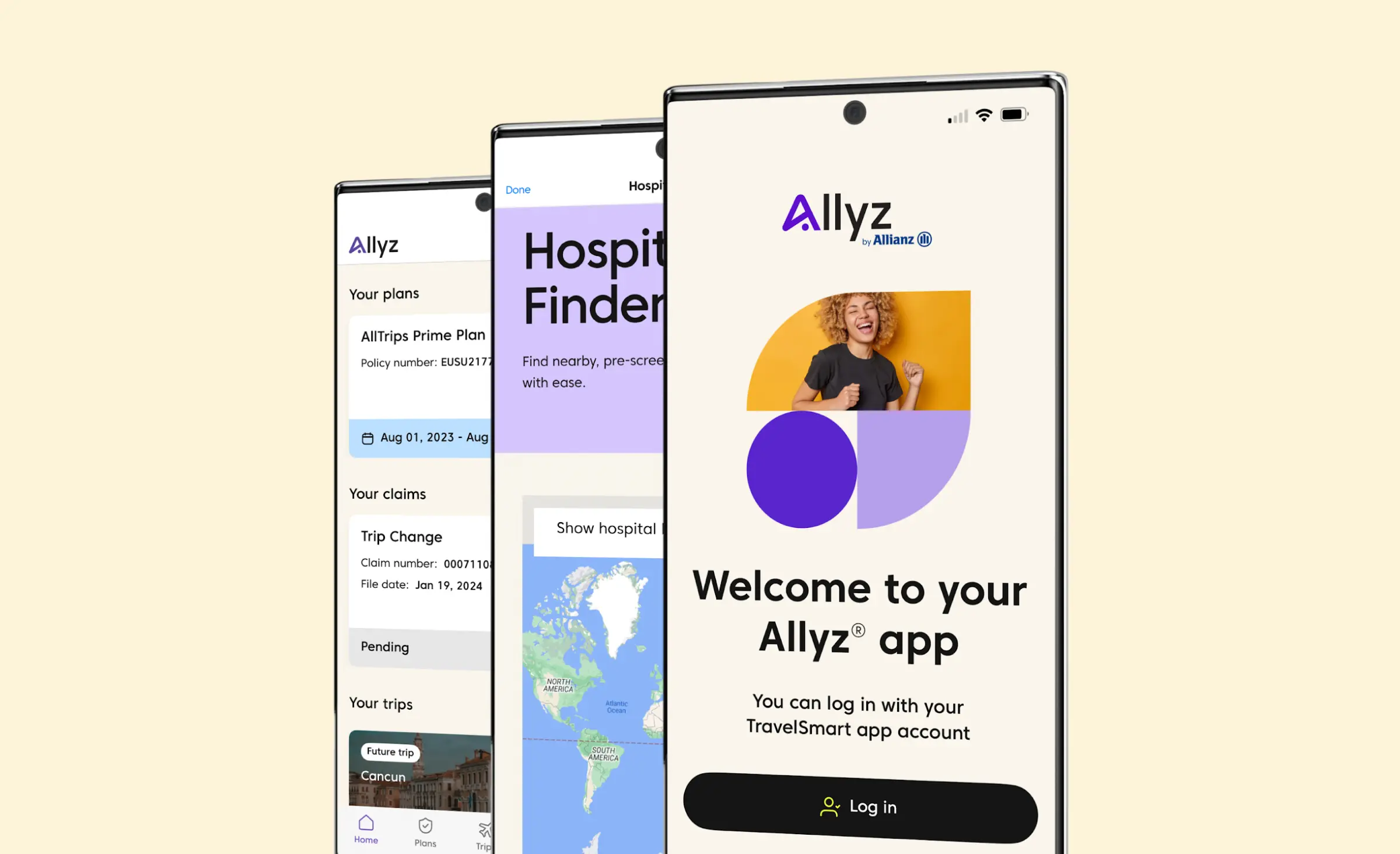 Three screenshots of the Allyze insurance mobile app. The first screen displays a welcome page with the Allyze logo, a photo of a smiling girl with curly hair, and text inviting users to log in. A button prompts users to log in. The second screen shows a hospital finder feature with a map that allows users to locate nearby hospitals. The third screen presents options to view insurance plans, claims, and travel information.