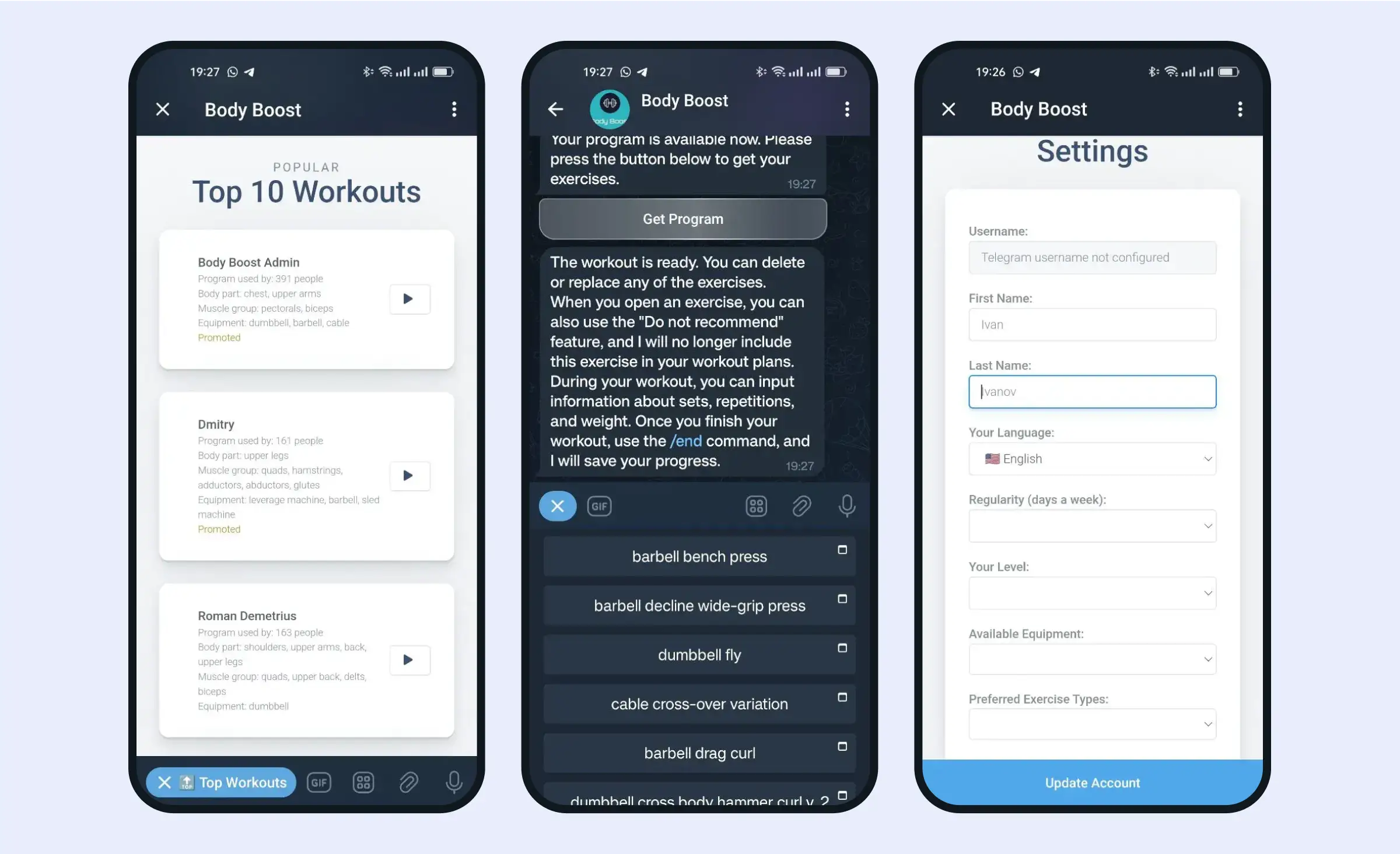 Screens of fitness telegram mini app