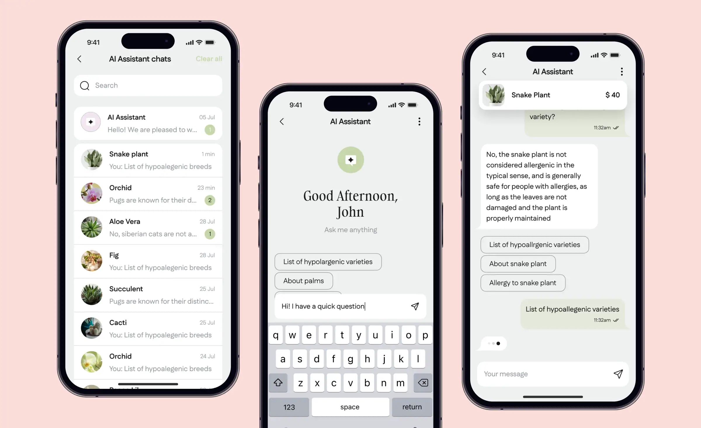 Three smartphone screens displaying a chat interface with an AI assistant offering personalized plant care advice, showcasing how AI-driven messaging enhances personalized customer experiences.