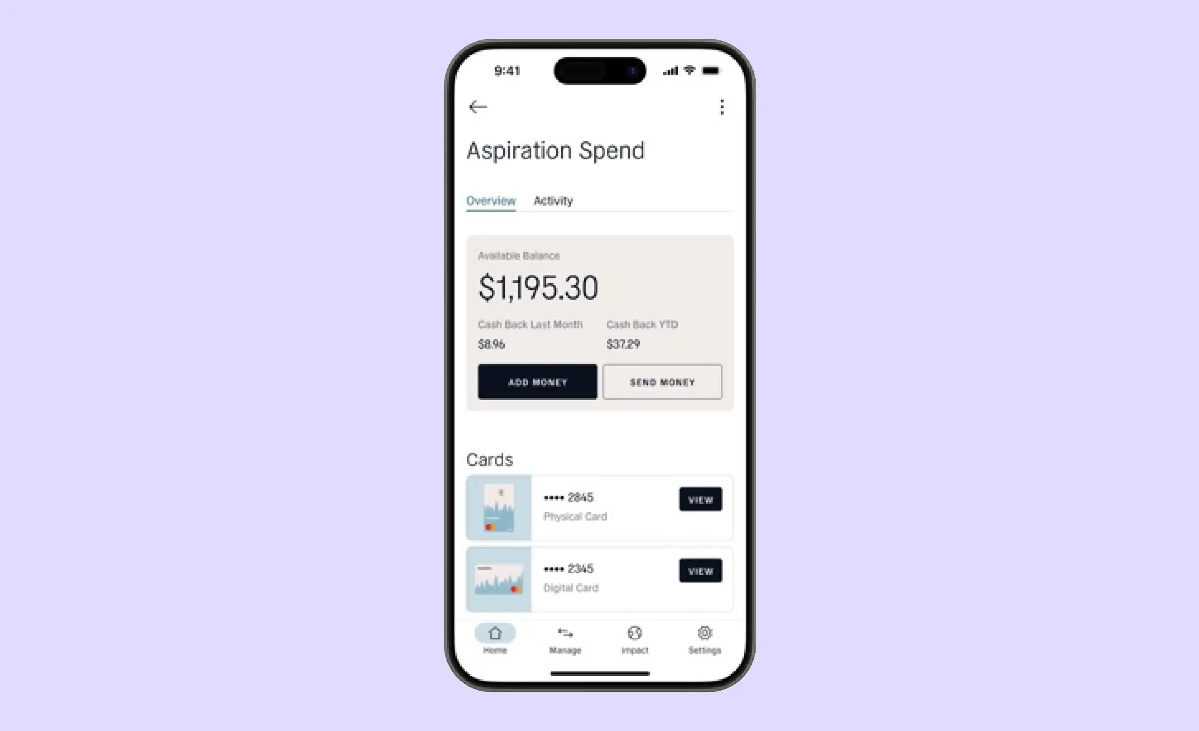 Card management in the Aspiration neobank app