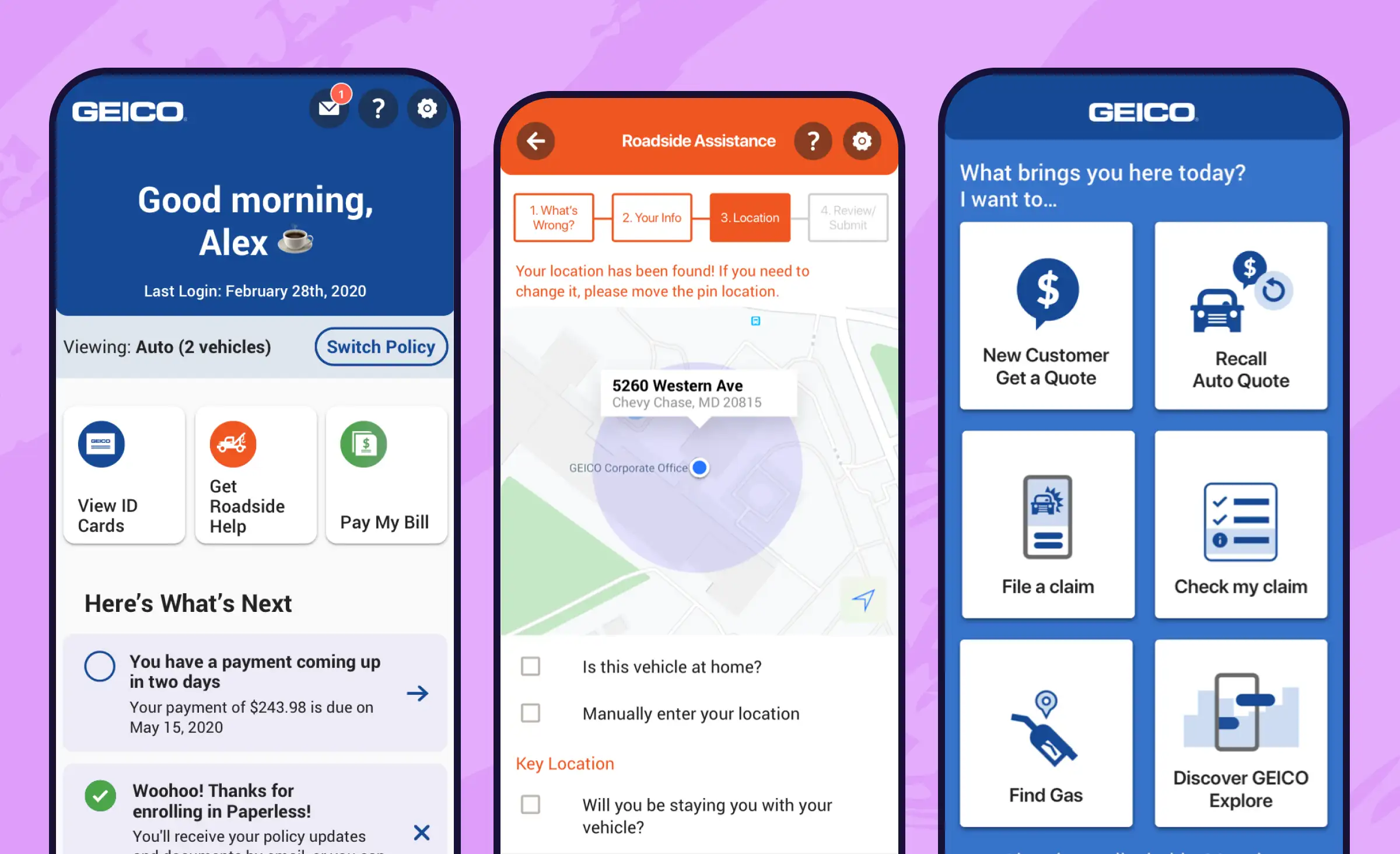 Screens of a Geico Mobile insurance app representing a viable FinTech startup idea