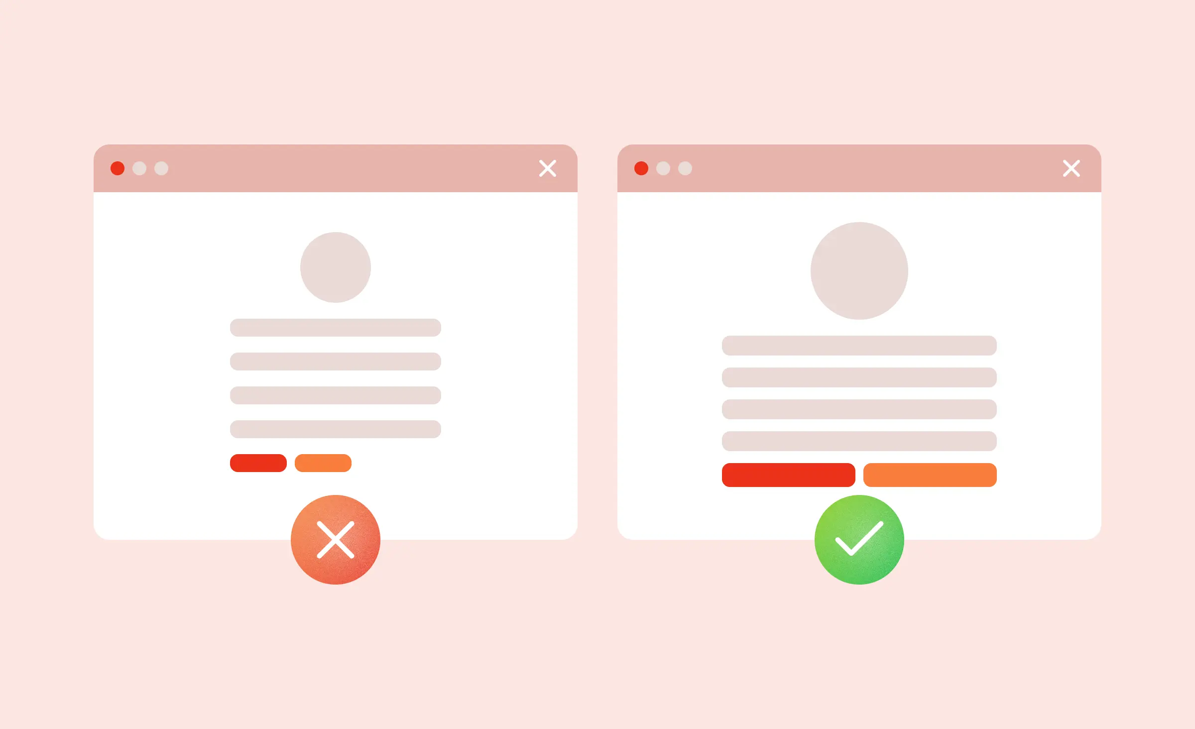 An image illustrating the implementation of Fitts’s law in financial services website design. On the left, the interface features small, left-aligned buttons. On the right, the interface showcases centered, wide buttons.