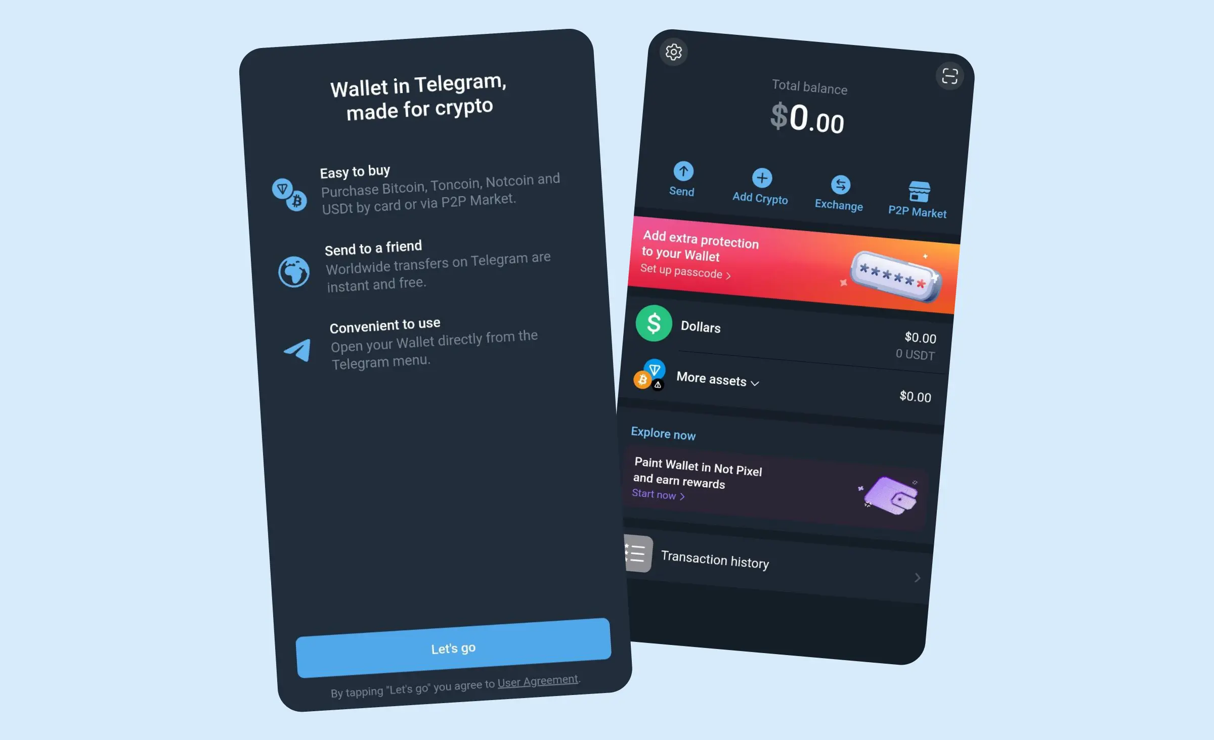 The Wallet Telegram mini app example includes two screenshots. The first one is a welcome page outlining the advantages of the crypto wallet: easy to buy, worldwide transfers, and convenient to use. The second screenshot shows the wallet interface, offering options to send and add crypto, exchange, view the P2P market, view assets, and see transaction history.